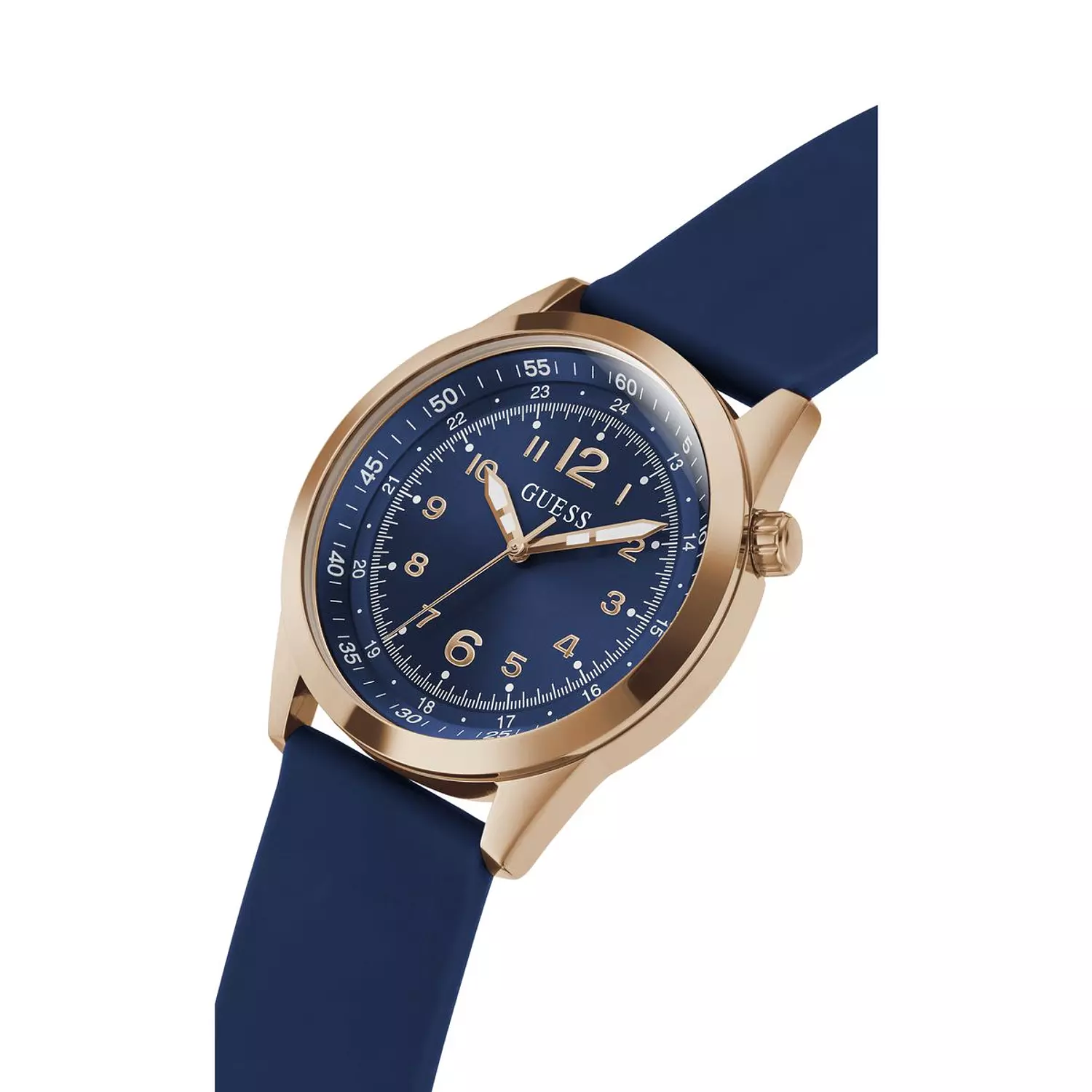 GUESS MAX Mens Blue Rose Gold Tone Analog Watch Blue Silicone Smooth Strap 3