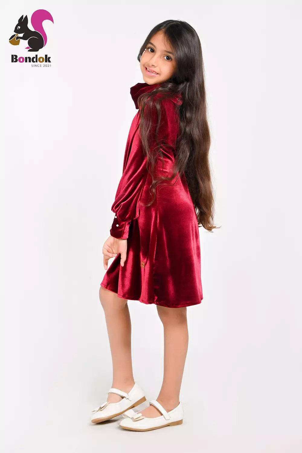 Pearl Slim Dress for Girls, Velvet Long Sleeve (RED, BLACK, EMERALD GREEN, NAVY BLUE AND DEEP FUCHSIA) 19