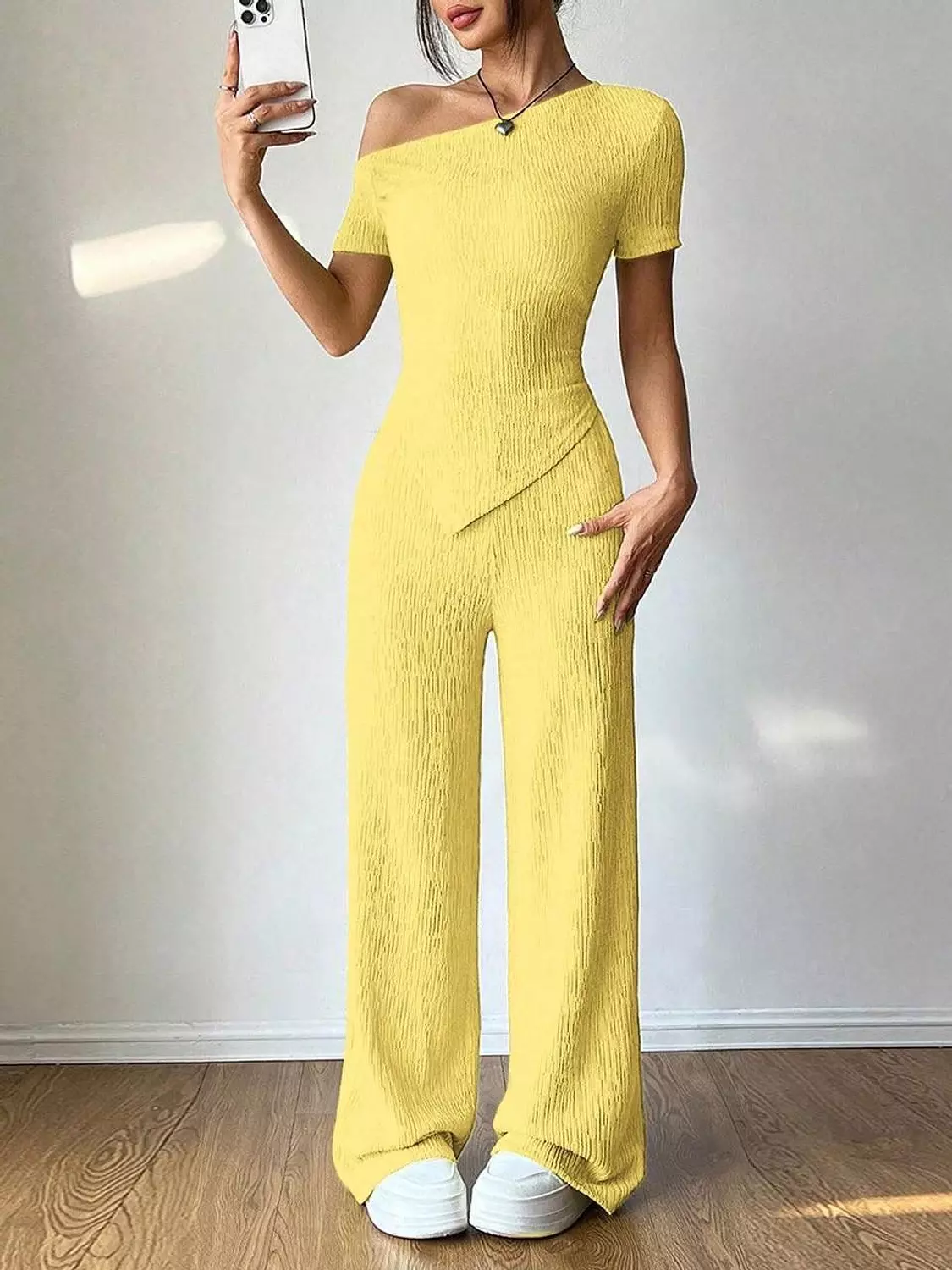 Crinkle Cotton Two-Piece | Asymmetrical Top & Wide-Leg Pants 4