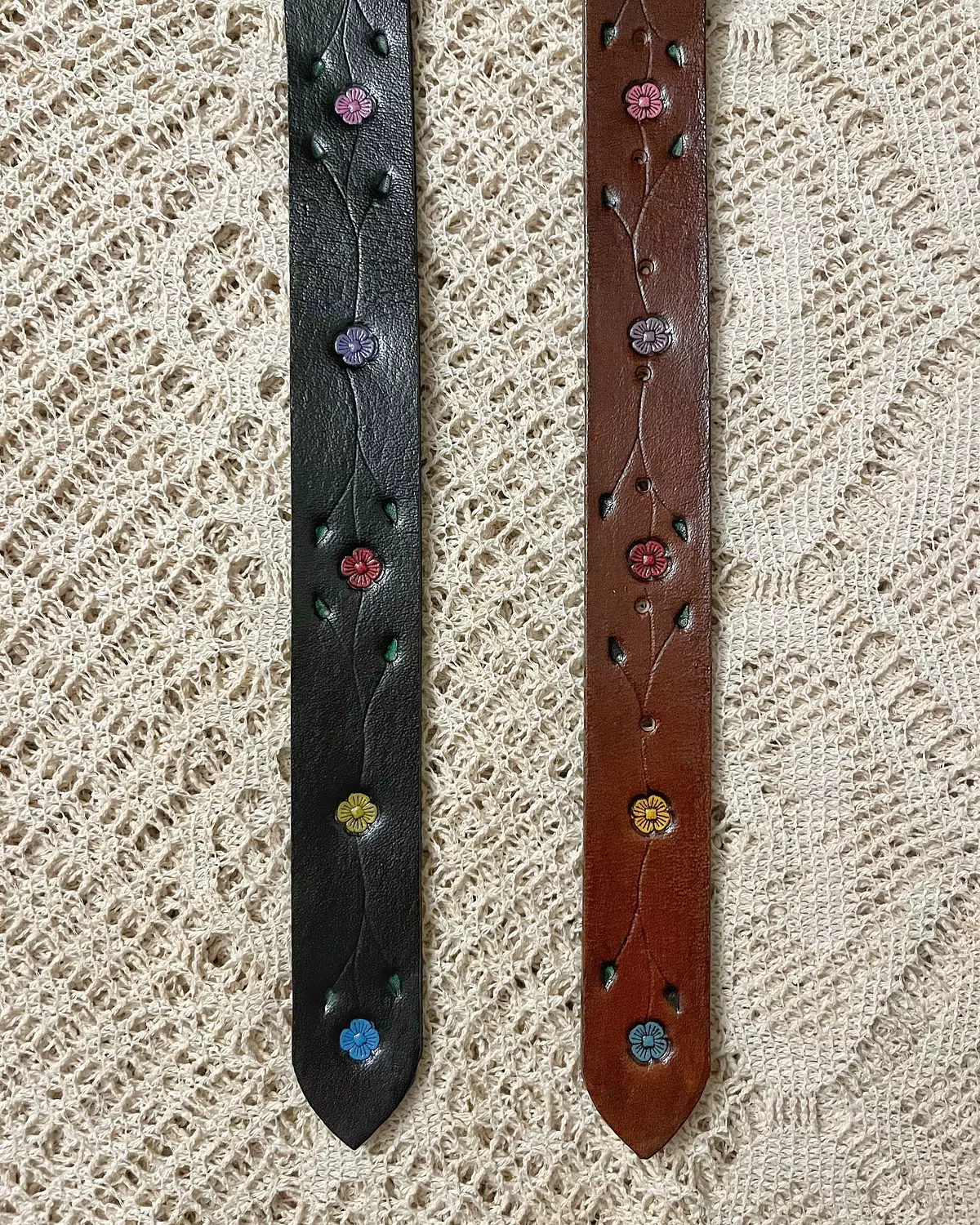 Tooled leather belt - painted flowers branches  3