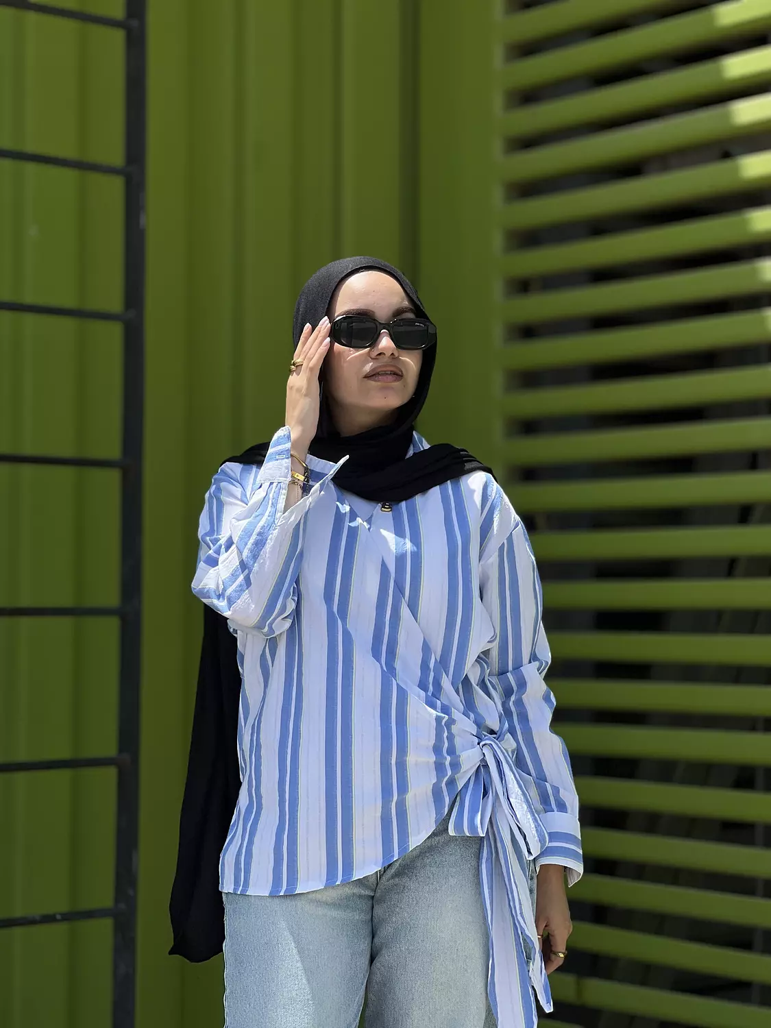 White blouse with double blue lines and side tie 3