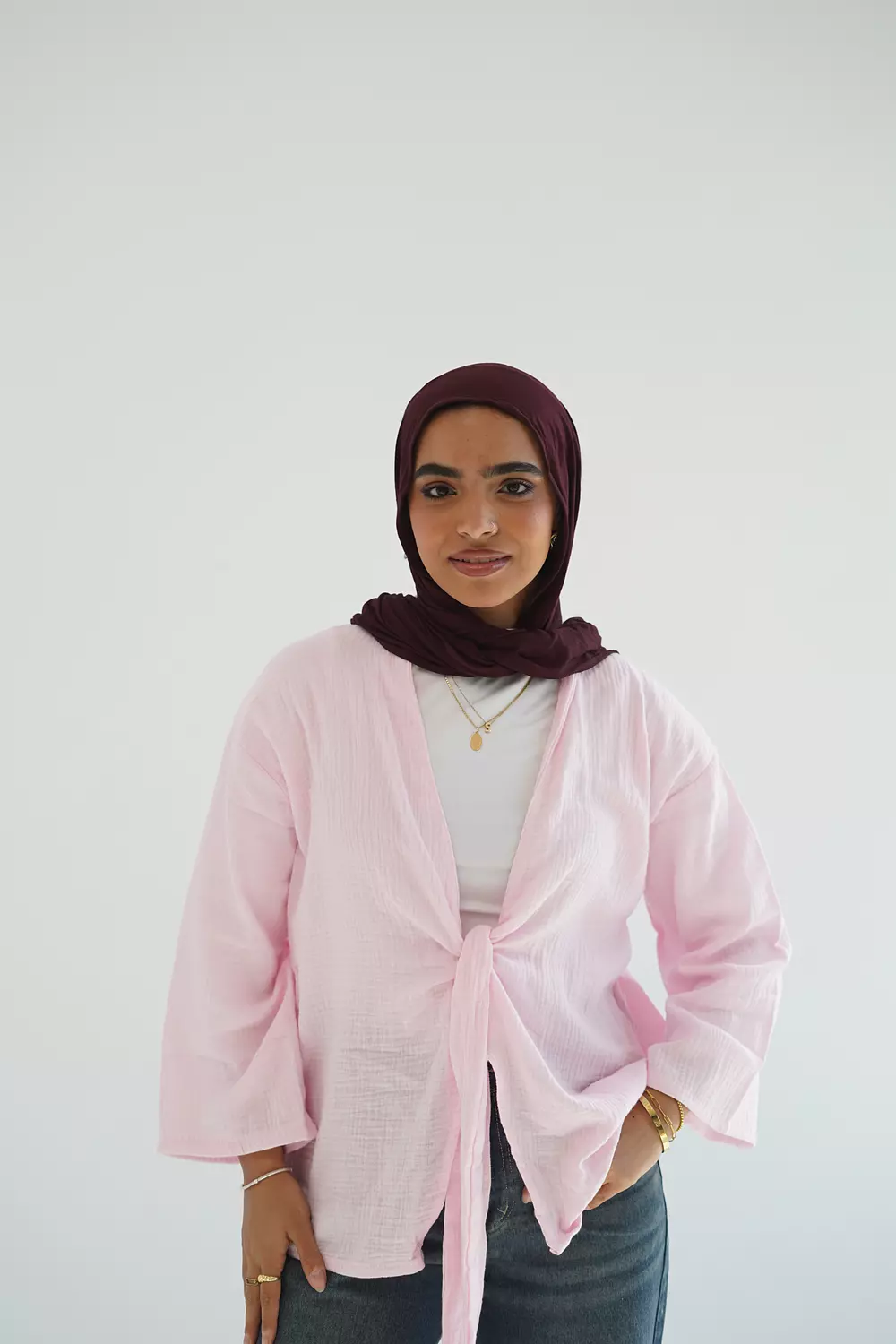 Pink open cotton blouse with front tie-2nd-img