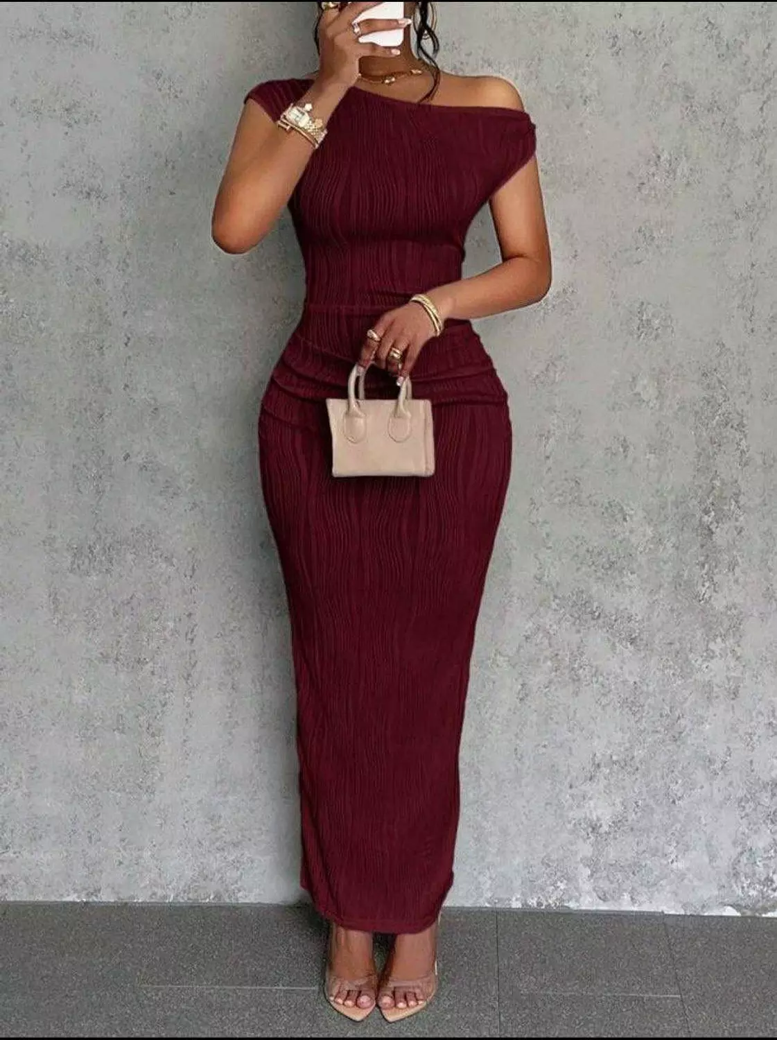 One-Shoulder Pleated Midi Dress – Asymmetric Neckline 3