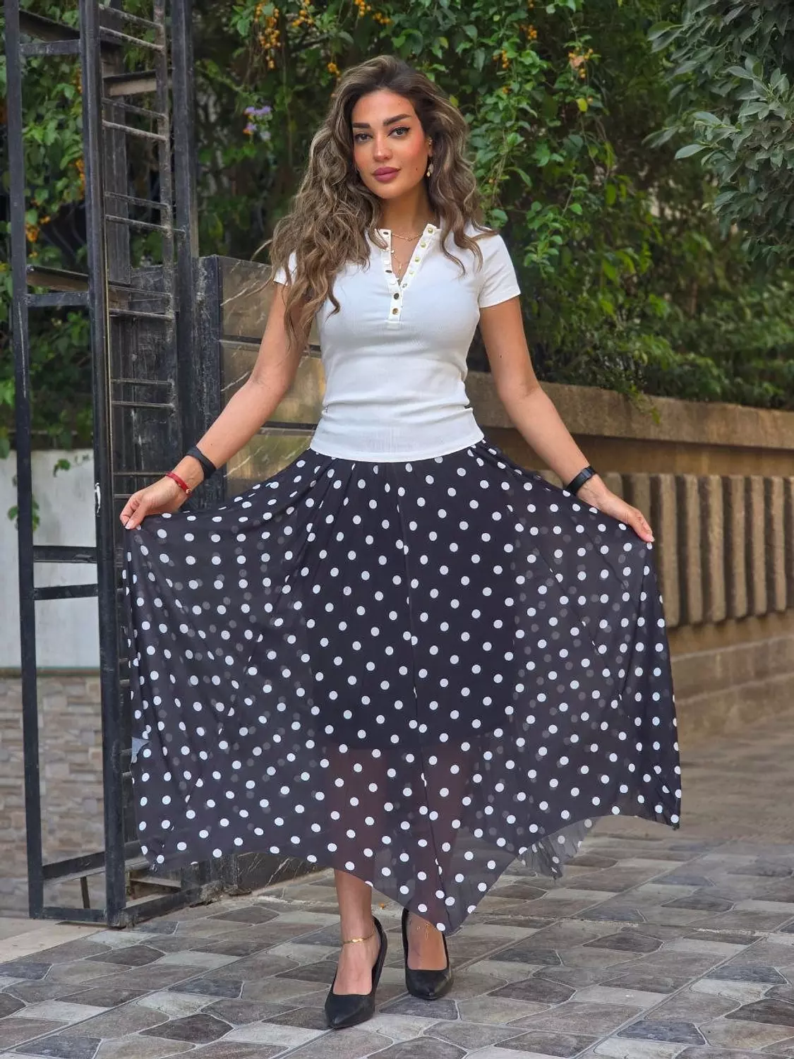 Black polka dot zigzag skirt hover image