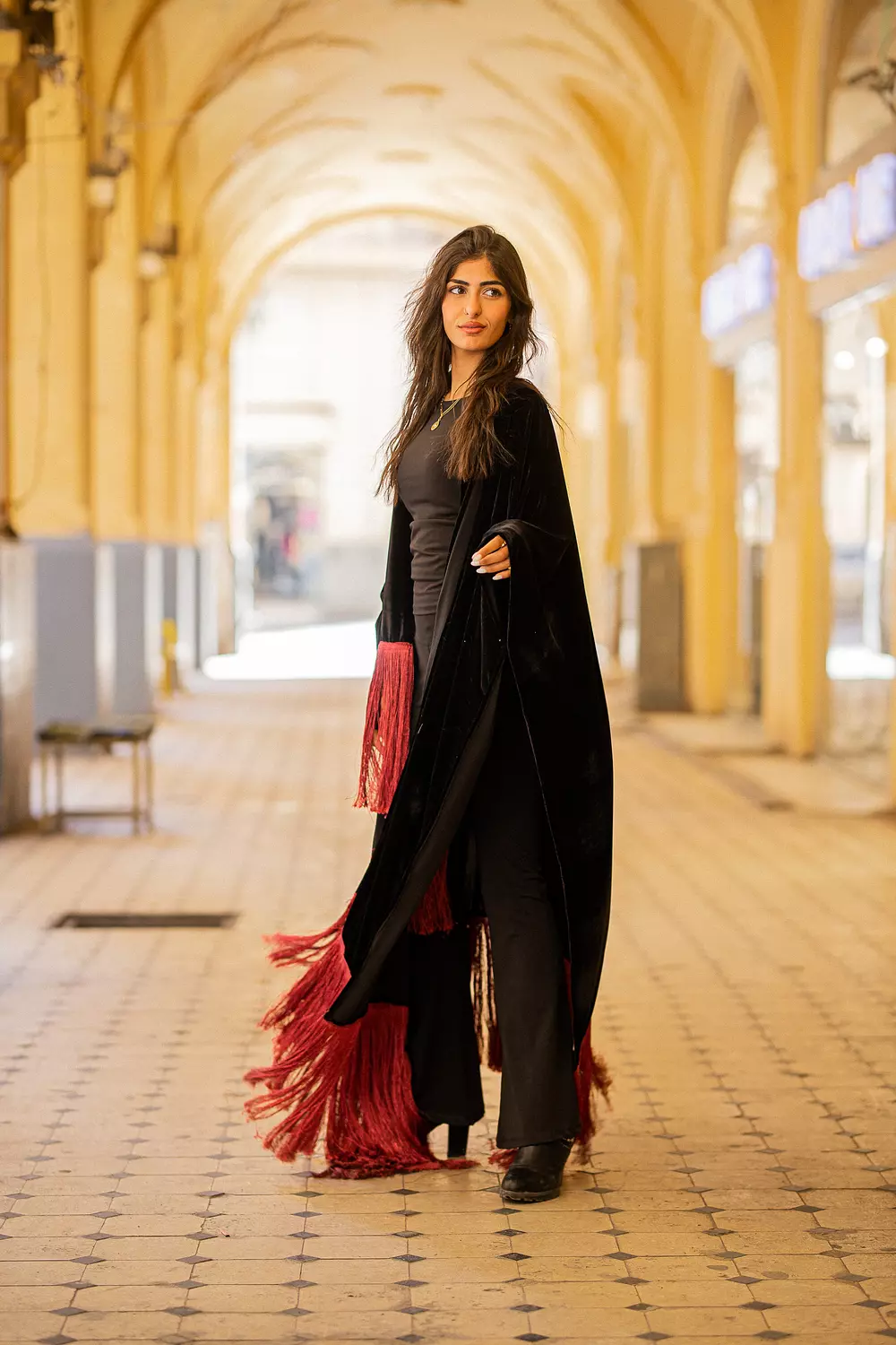 Burgundy fringes velvet scarf 3