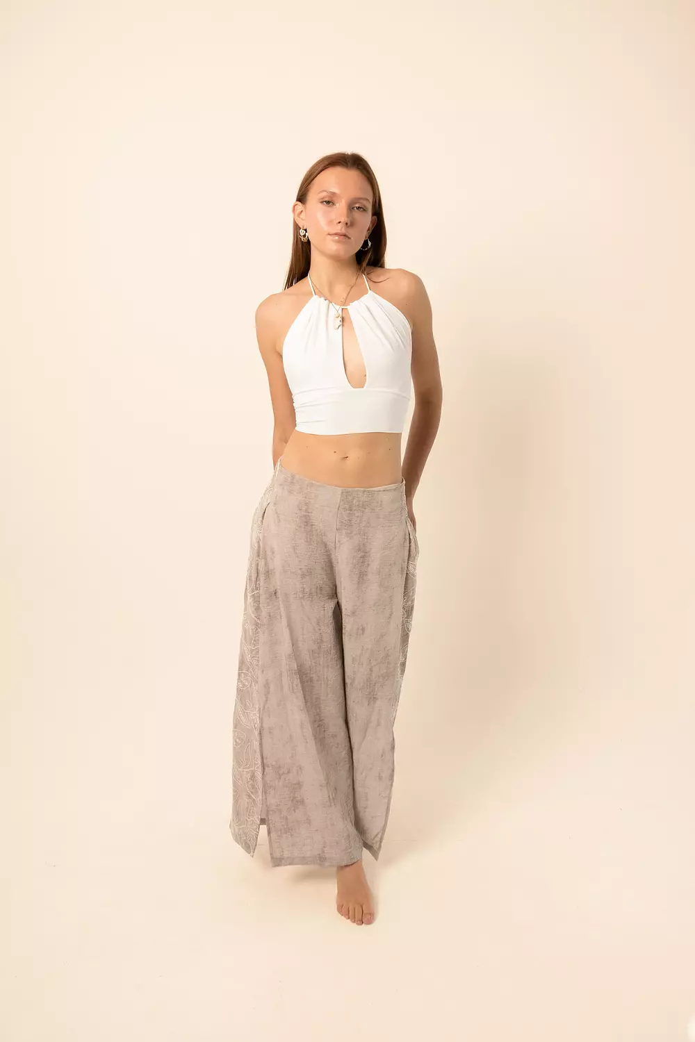 Wide-Leg Pants with side slits - Greige 1