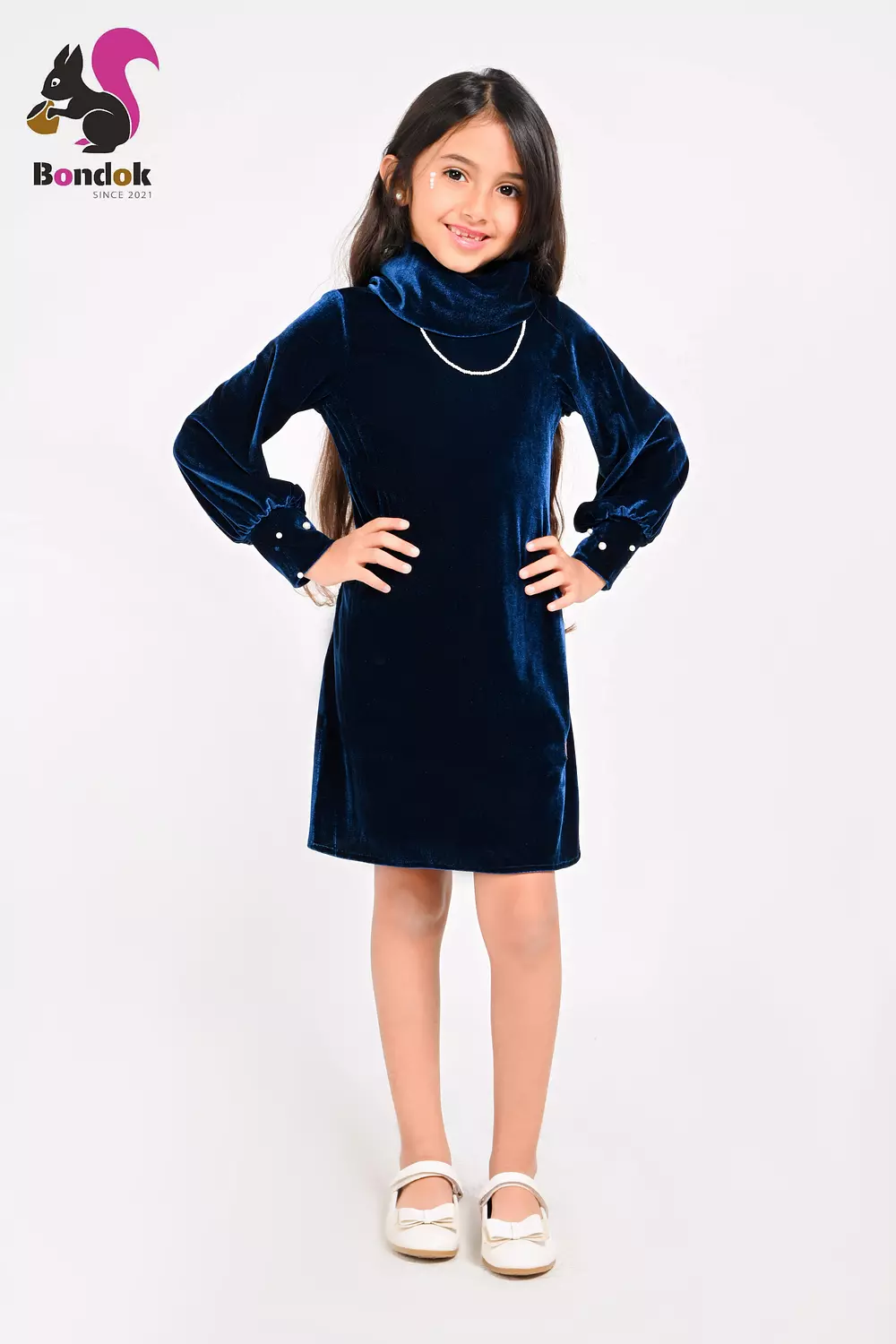 Pearl Slim Dress for Girls, Velvet Long Sleeve (RED, BLACK, EMERALD GREEN, NAVY BLUE AND DEEP FUCHSIA) 10