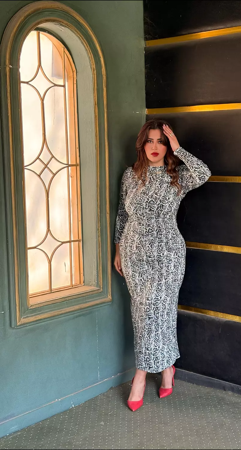 snake print drapping dress image