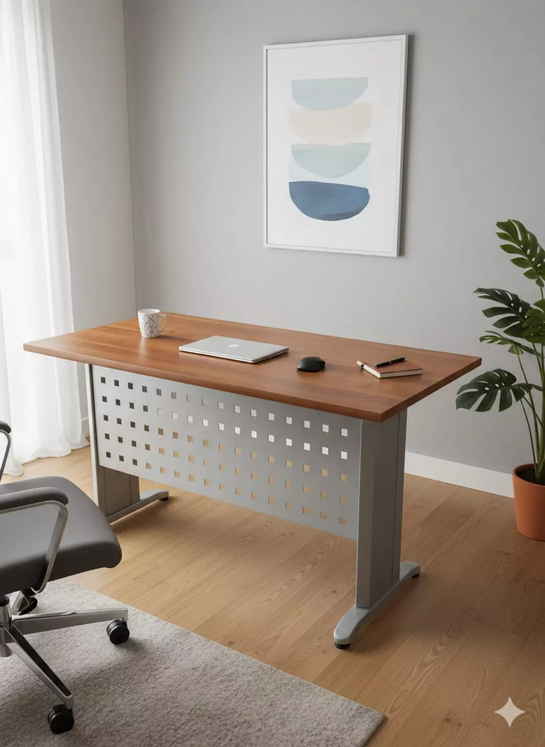 100 cm Office Desk Frame – Silver with Double Metal Front & Brown 201 Wood Desktop image