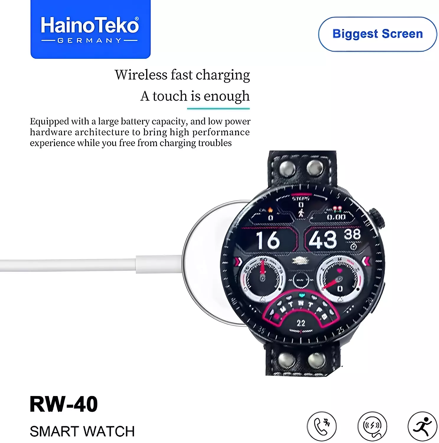 Haino Teko RW-40 Smart watch with 53mm Screen - Wireless Charging - Black 3