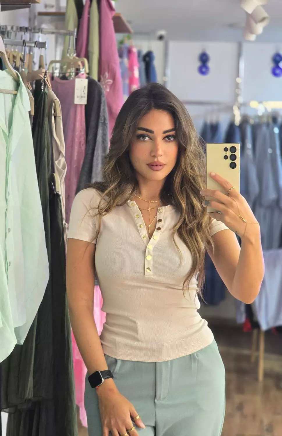 Nude beige Karol top with gold buttons  hover image