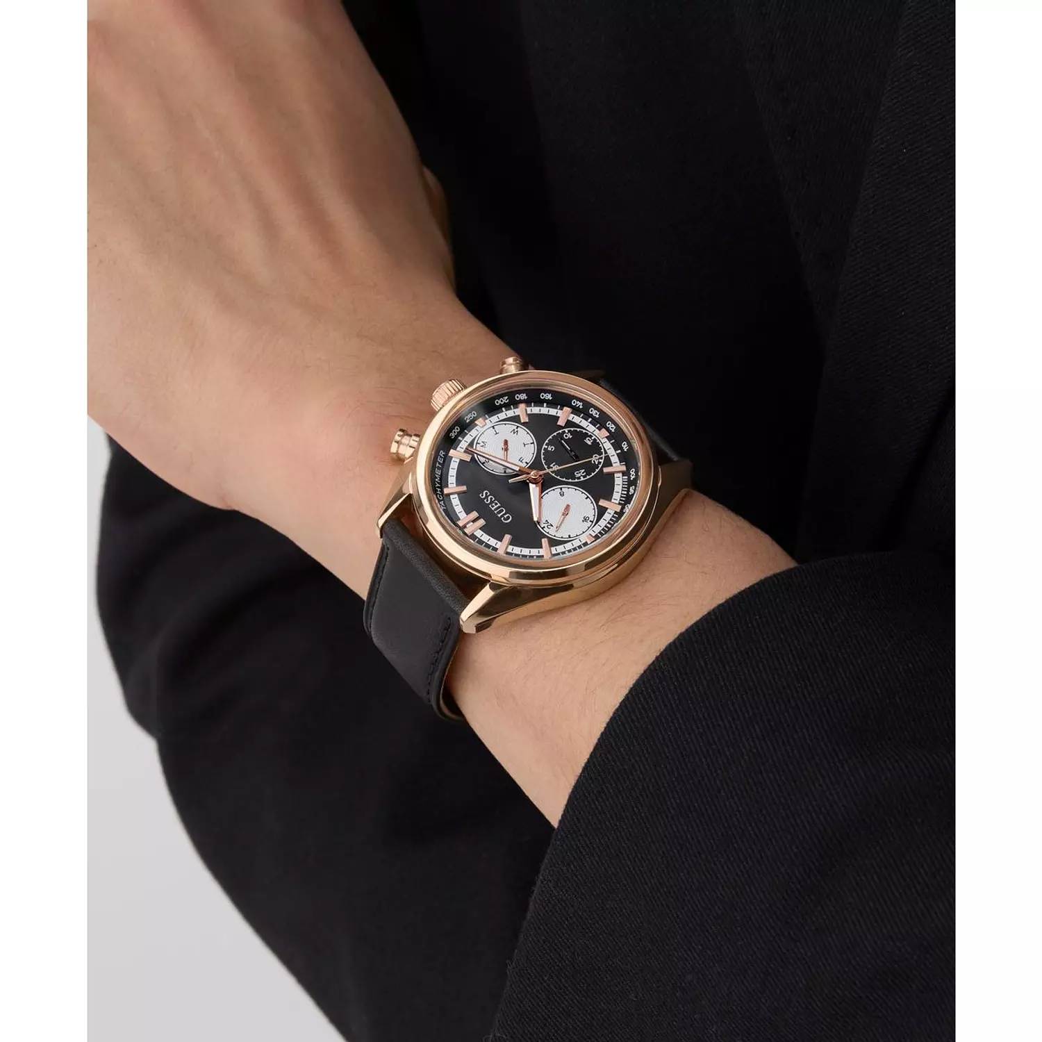 GUESS DAWSON Mens Black Rose Gold Tone Multi-function Watch Black Genuine Leather Smooth Strap 8