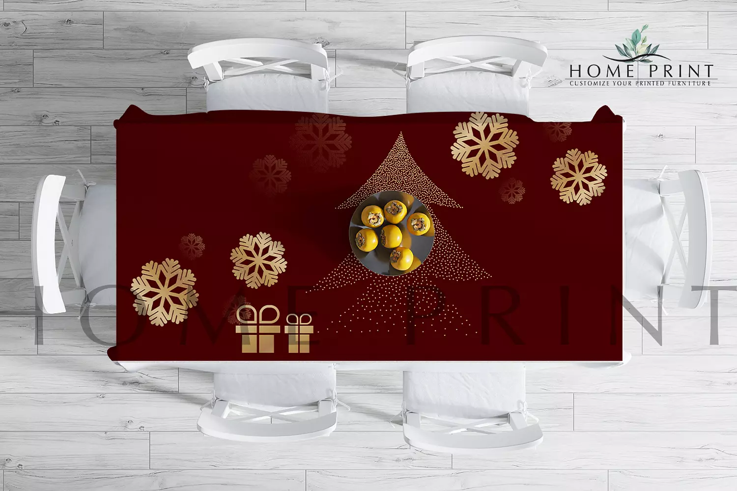 Christmas Tablecloth - Golden Snowflakes and Tree  - Dark red Design -150 cm in 250 cm image