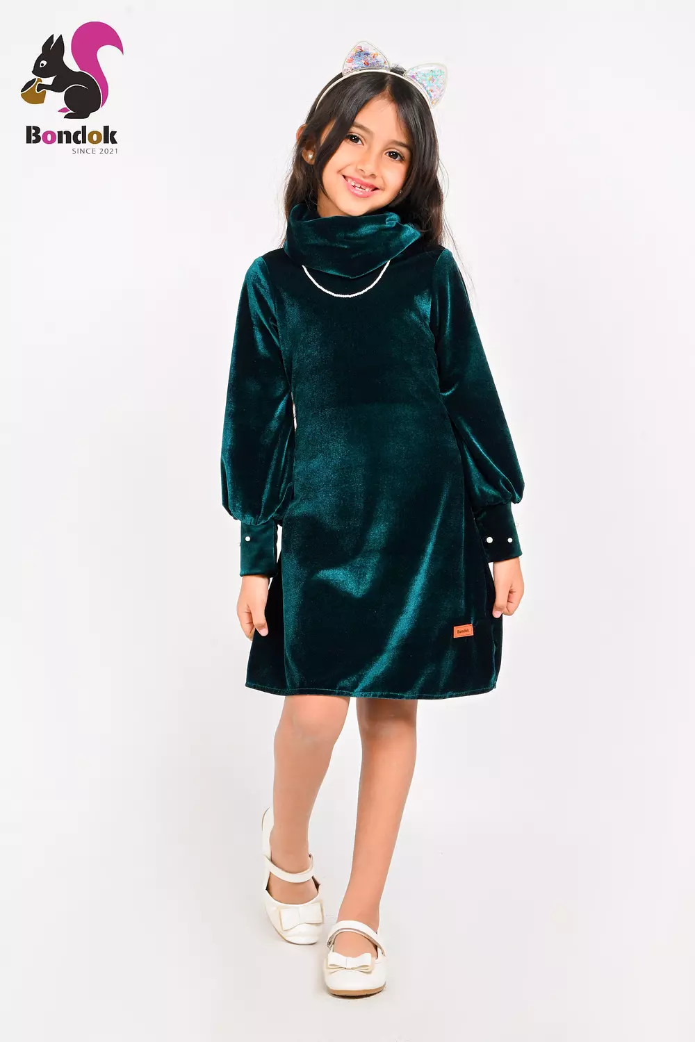 Pearl Slim Dress for Girls, Velvet Long Sleeve (RED, BLACK, EMERALD GREEN, NAVY BLUE AND DEEP FUCHSIA) 16