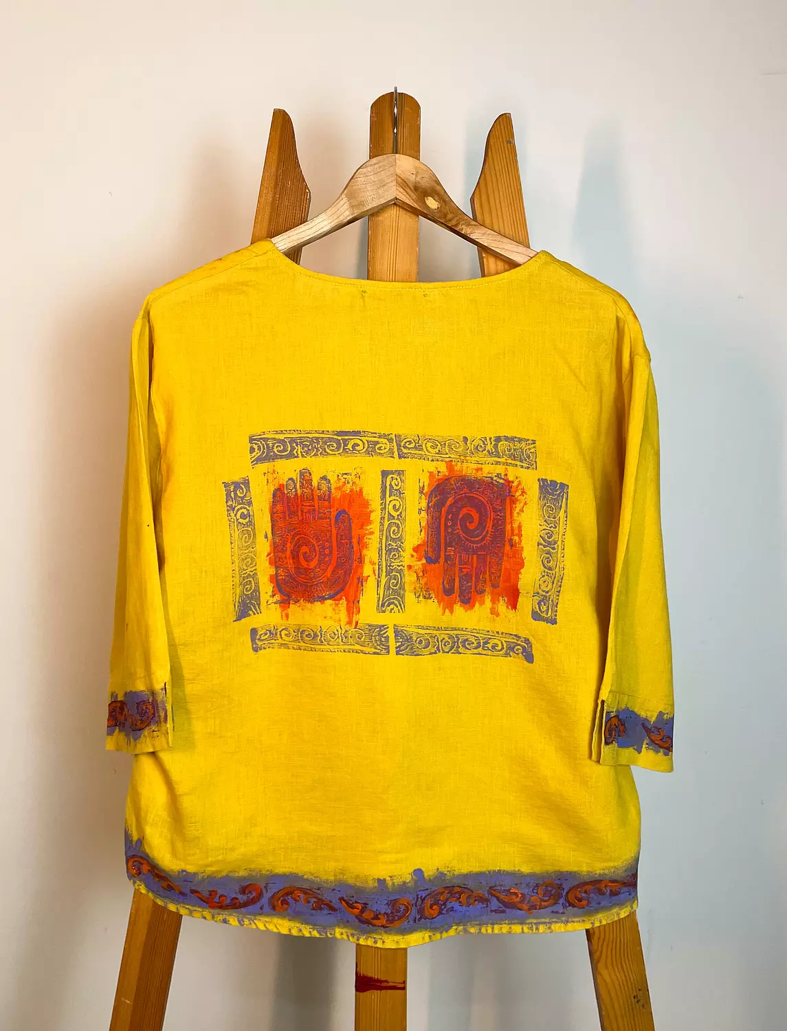 Hand -printed yellow linen top  hover image