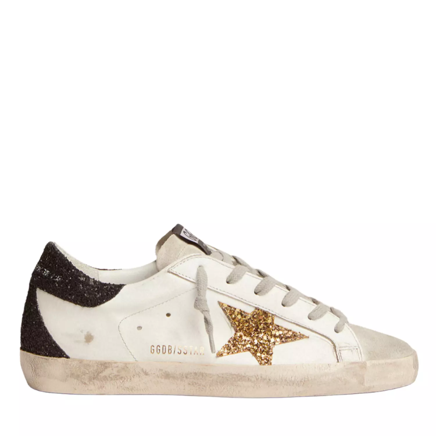 Golden goose Super-Star in nappa leather with gold glitter star and black glitter heel tab image