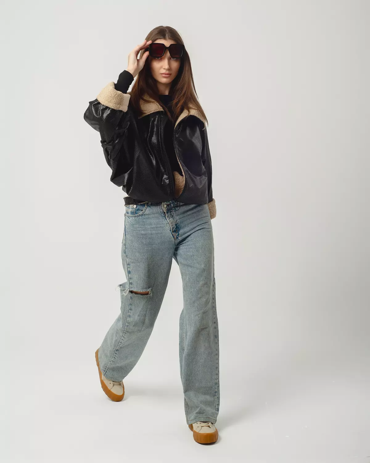 Black Leather Jacket with Beige Wool image
