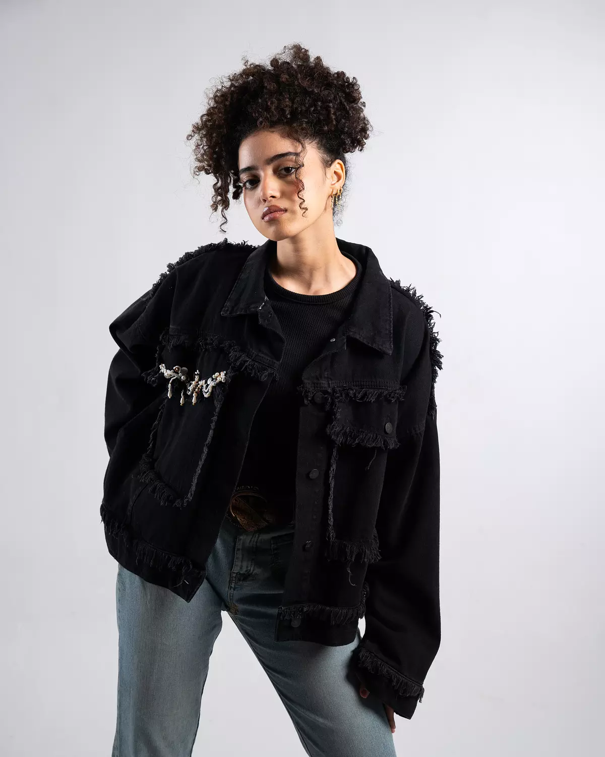 Beyond the blue” fabric collage & hand-embroidered denim jacket “ 2