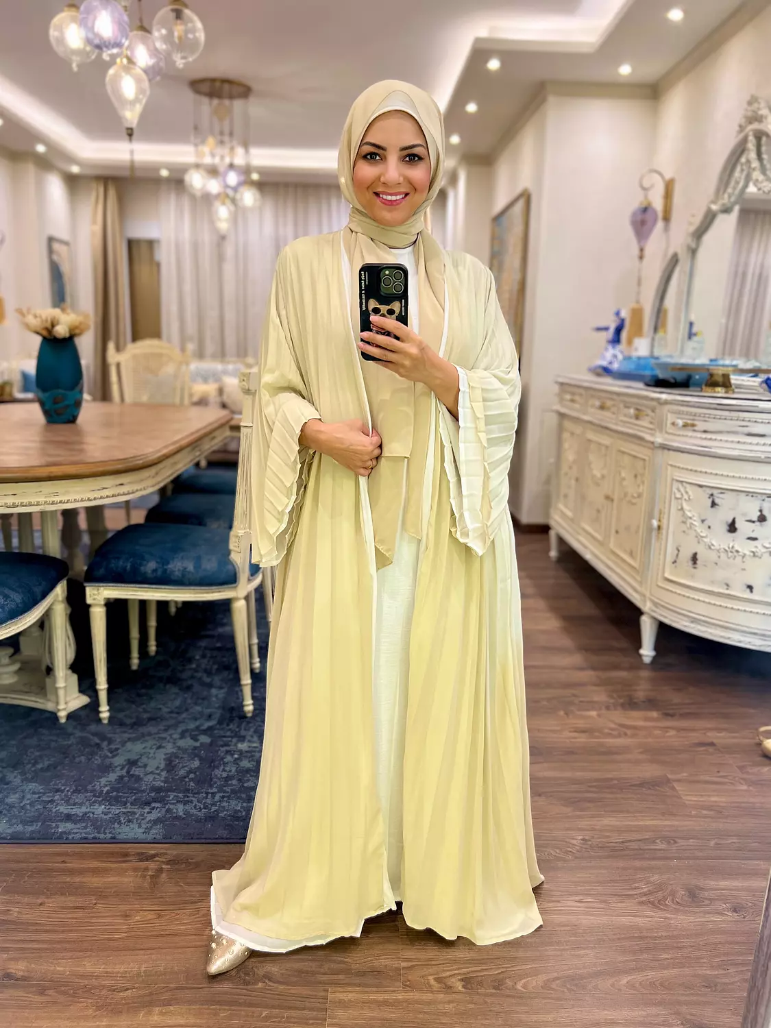 Double-faced Pleated Open Abaya- Off White & Beige 7