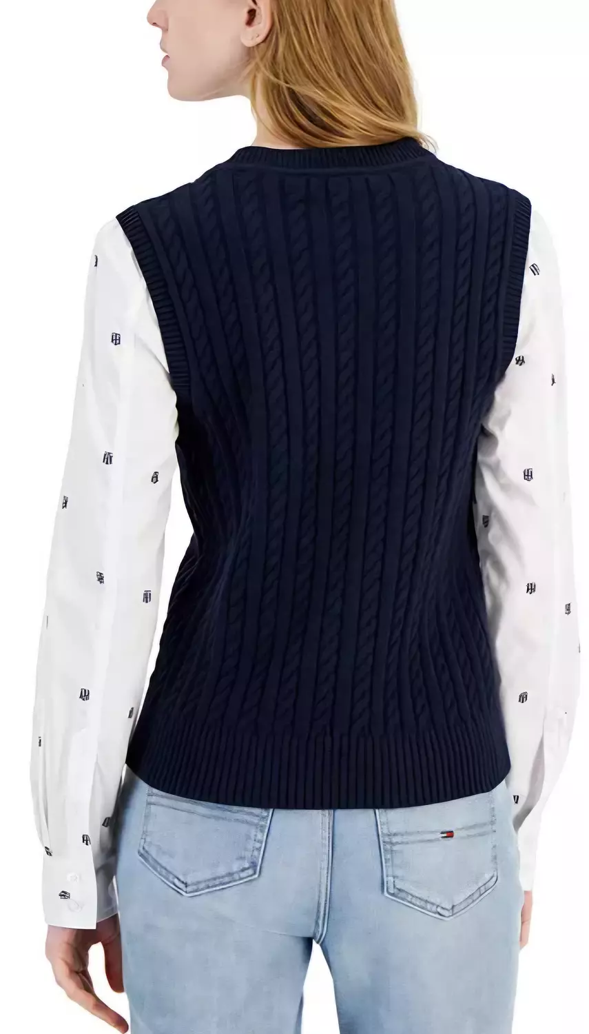  Navy Cable-Knit Vest & Monogram Print Shirt Set. 2