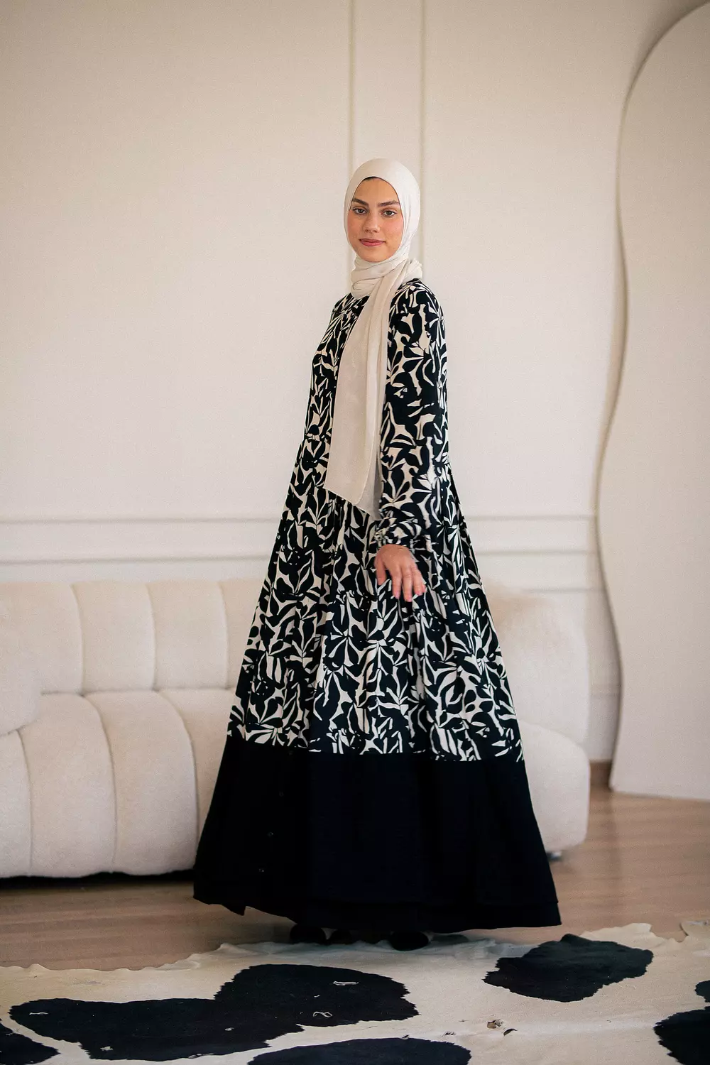 Black & cream crepe Dress with Tulle Trim  image
