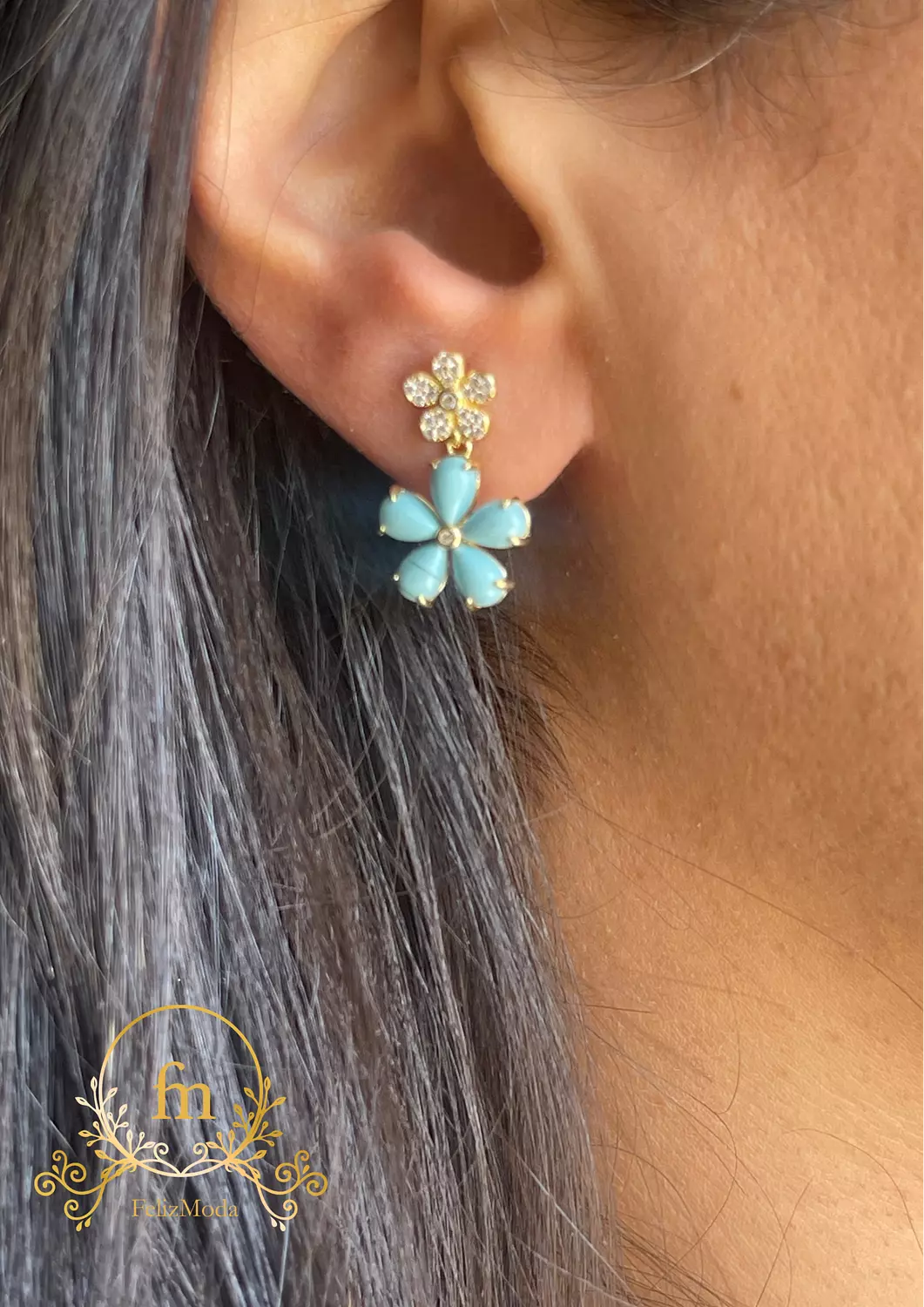 Two flowers Fayrouz and stones silver earrings Gold plated  image