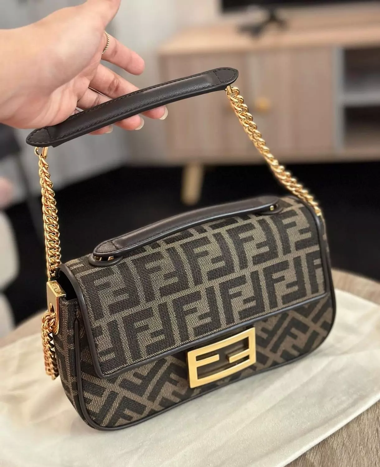 Baguette Chain Midi Brown FF Jacquard Fabric Bag 1