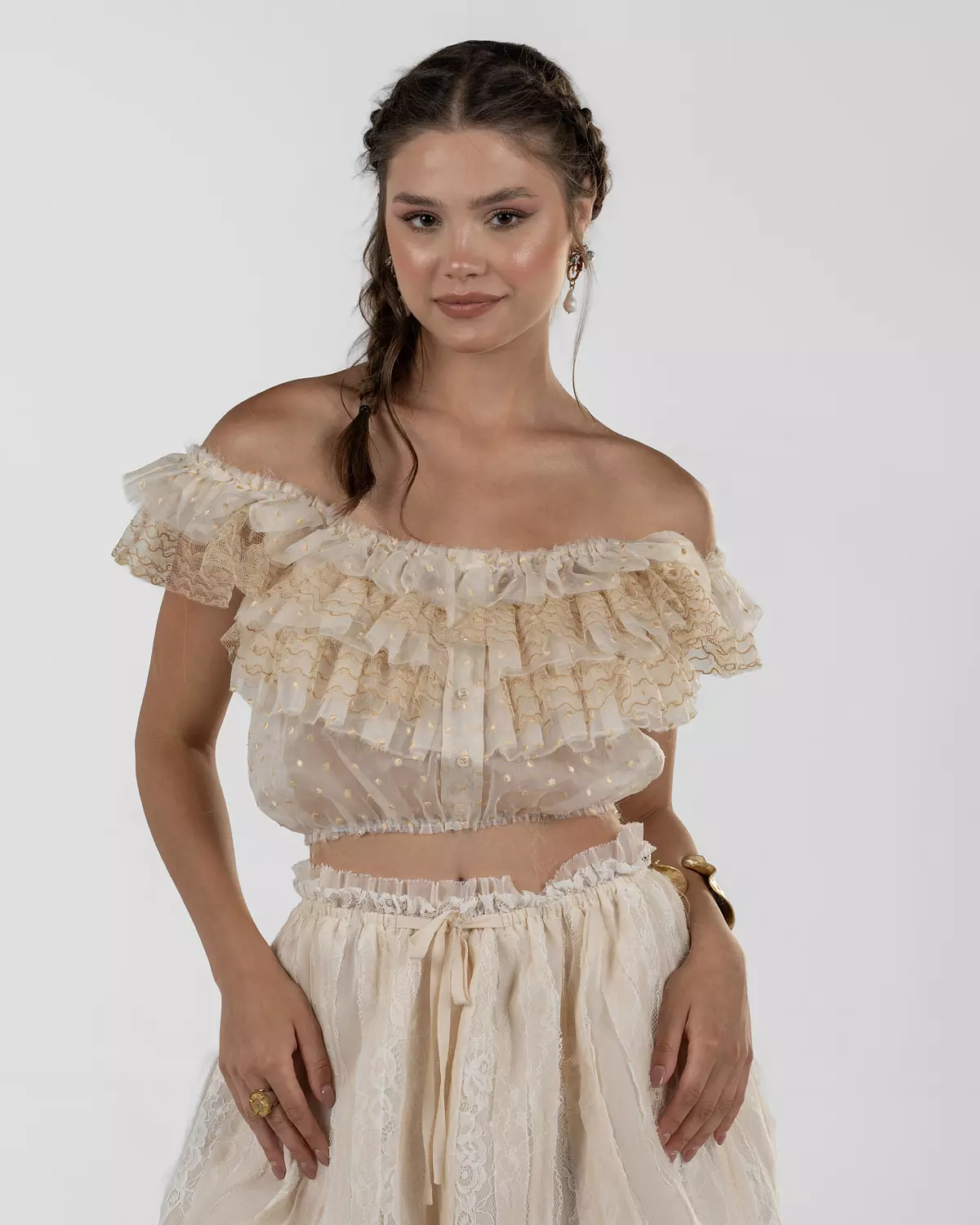 Vibrant Off-White Ruffled Crop Top 4