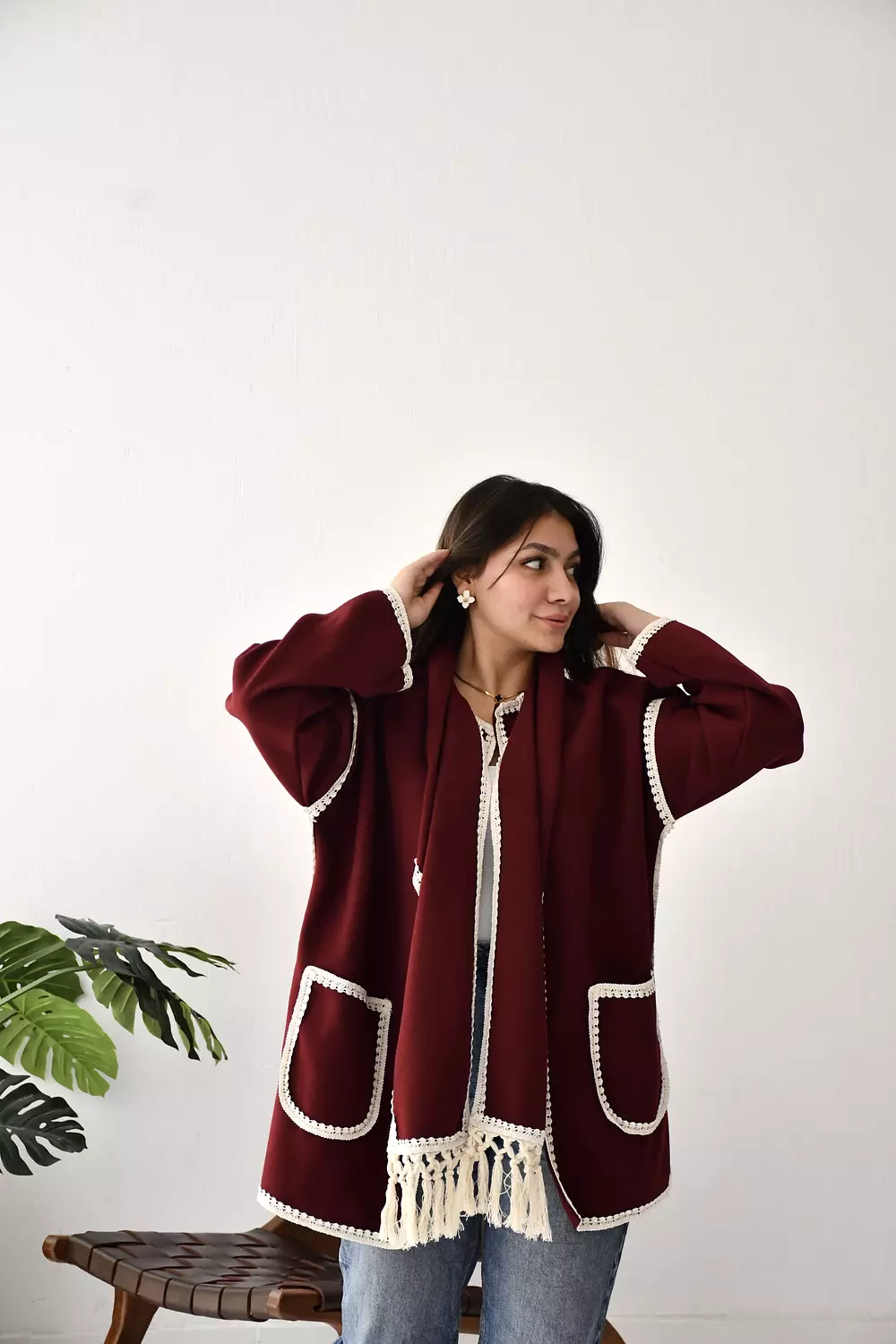 Burgundy scarf jacket  4
