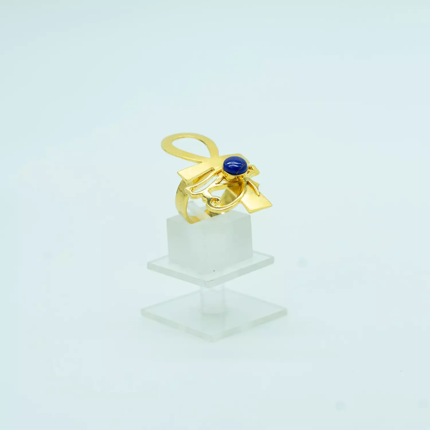 Two-layer copper ring, gold-plated, shiny and smooth, with a natural stone - free size - Eye of Horus image