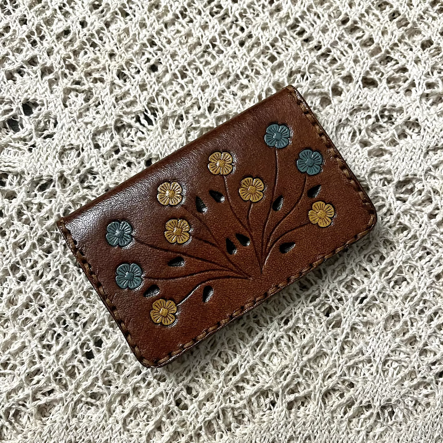 Hand painted yellow-blue flower folded leather card holder  image