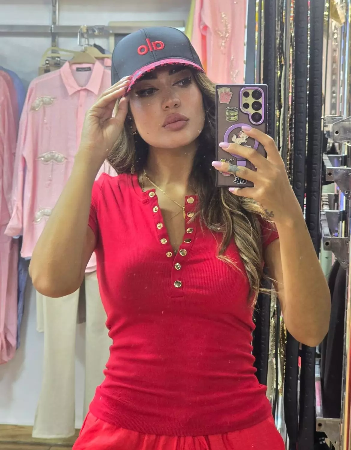 Red Karol top with gold buttons  hover image