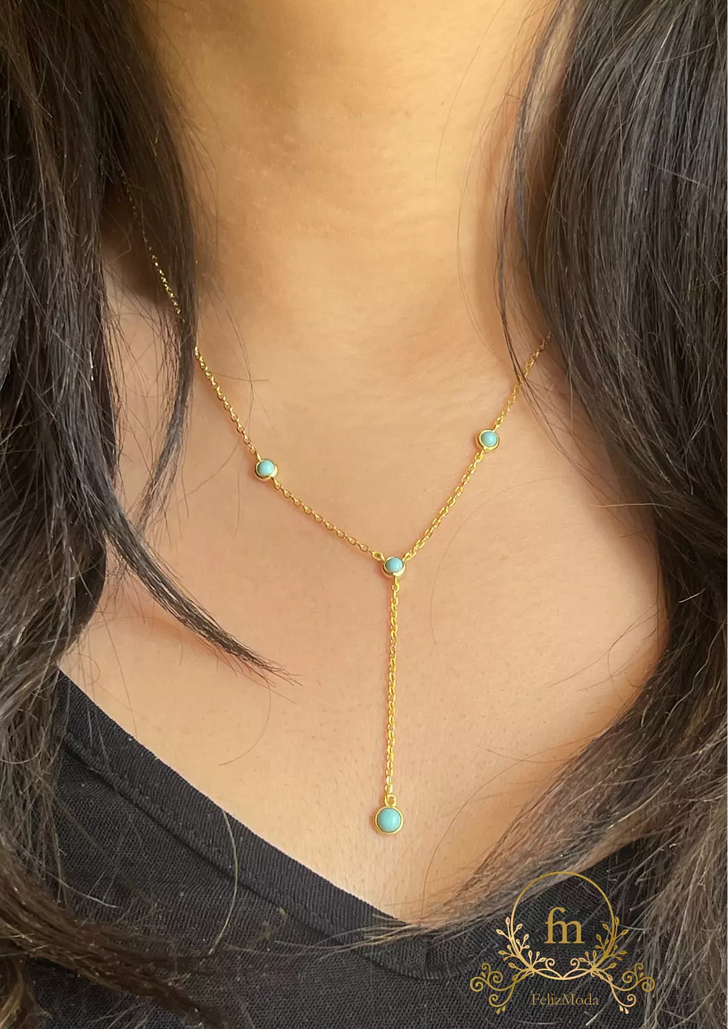 Multiple Fayrouz stones with dangling chain silver necklace  Gold plated  image