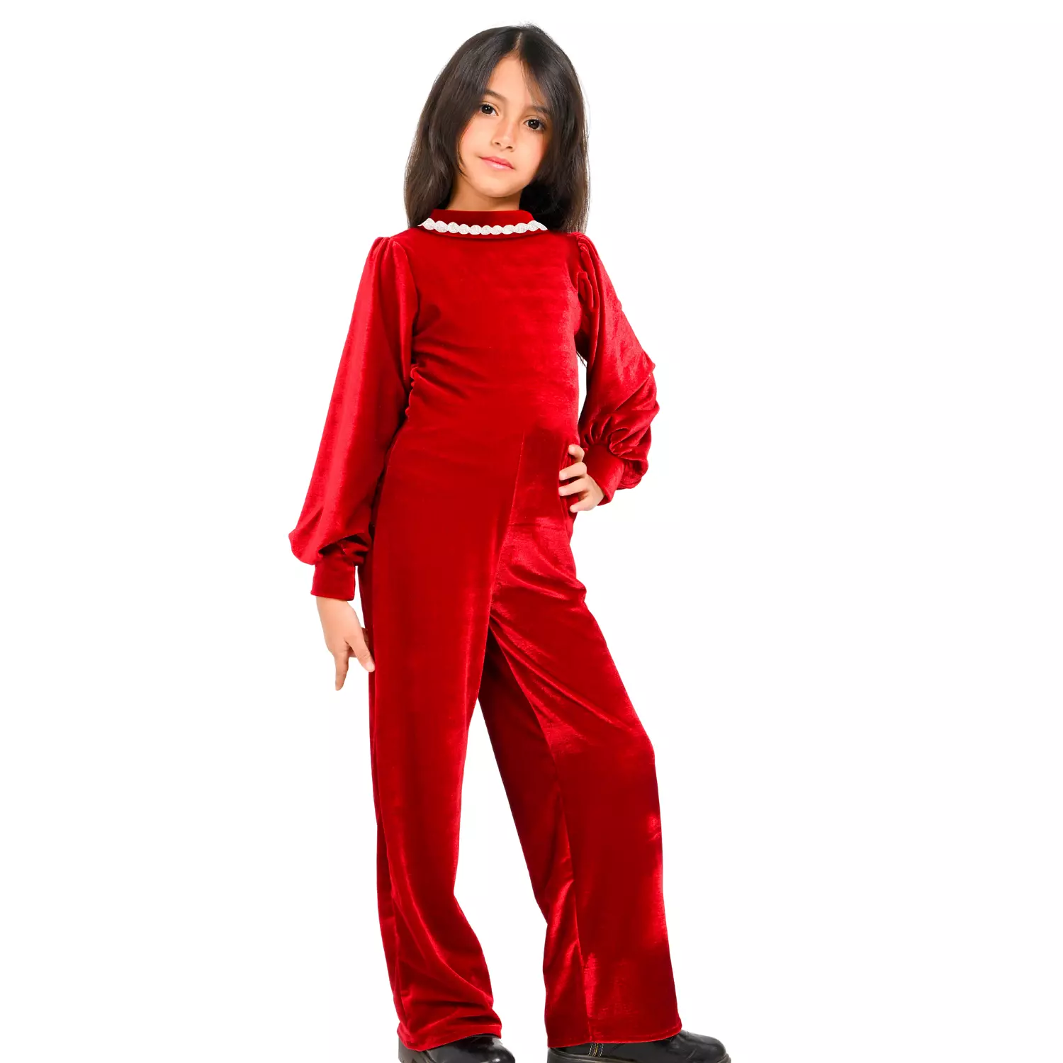 Girls Velvet Jumpsuit with Puff Sleeves and Pearl Collar Detail 3