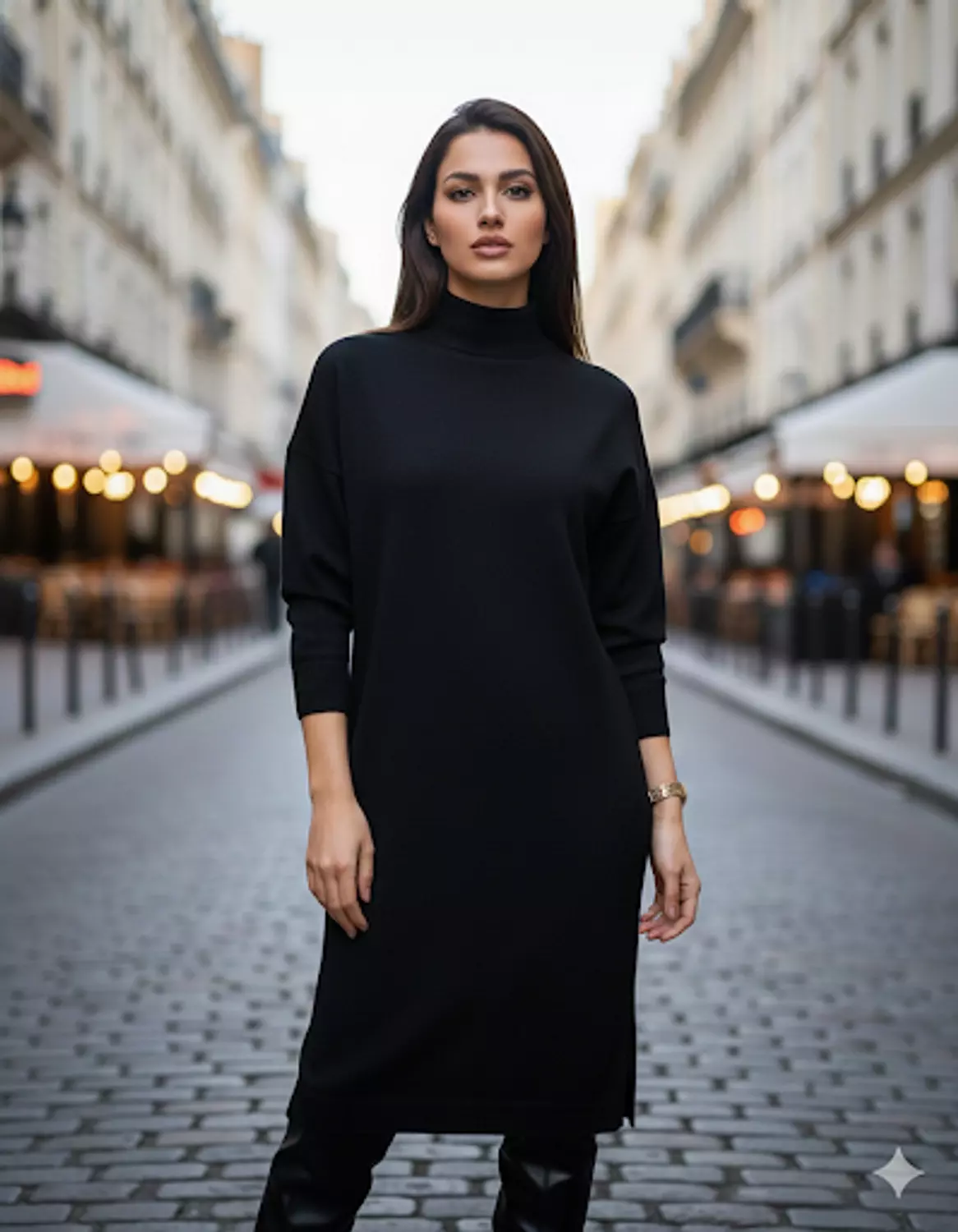 Parisian Cozy High-Neck Knit Dress – Black image