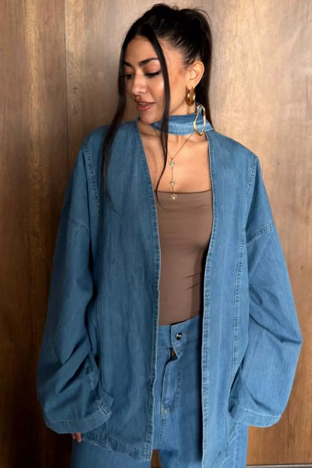Summer Denim Kimono Set with Batwing Sleeves & Wide-Leg Pants 9