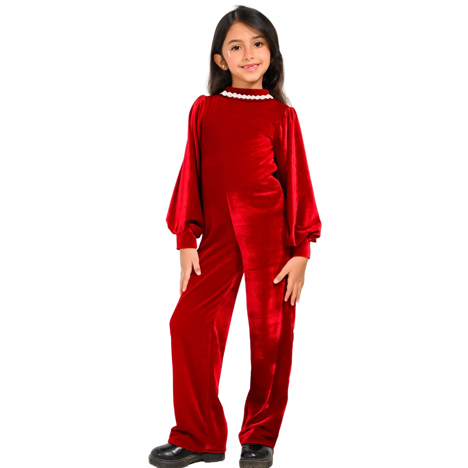 Girls Velvet Jumpsuit with Puff Sleeves and Pearl Collar Detail 2