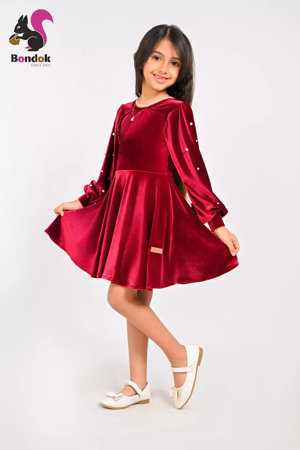 Loly Girls Velvet Dress with Pearl Details, (Red, Navy Blue, Emerald Green, Deep Fuchsia and Black) 17
