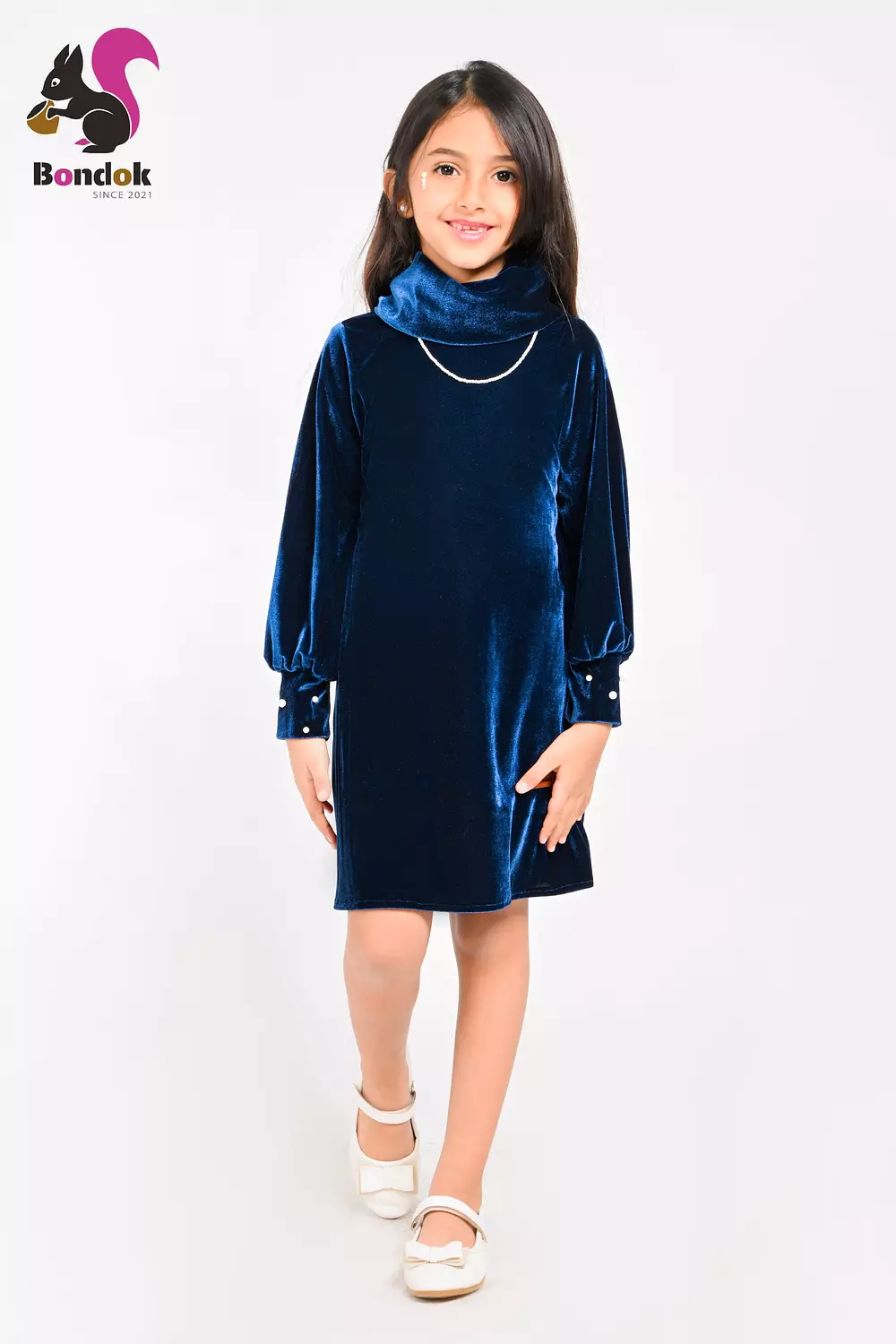Pearl Slim Dress for Girls, Velvet Long Sleeve (RED, BLACK, EMERALD GREEN, NAVY BLUE AND DEEP FUCHSIA) 9