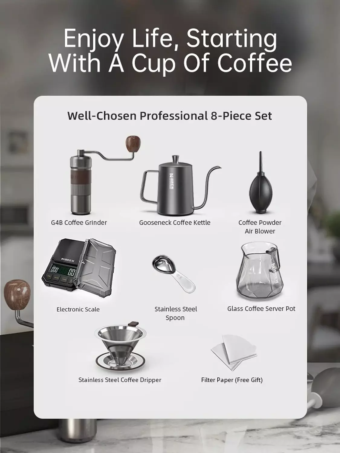  HiBREW Pour Over Coffee Kettles Manual Coffee Grinder Coffee Maker 8 pcs Set hover image