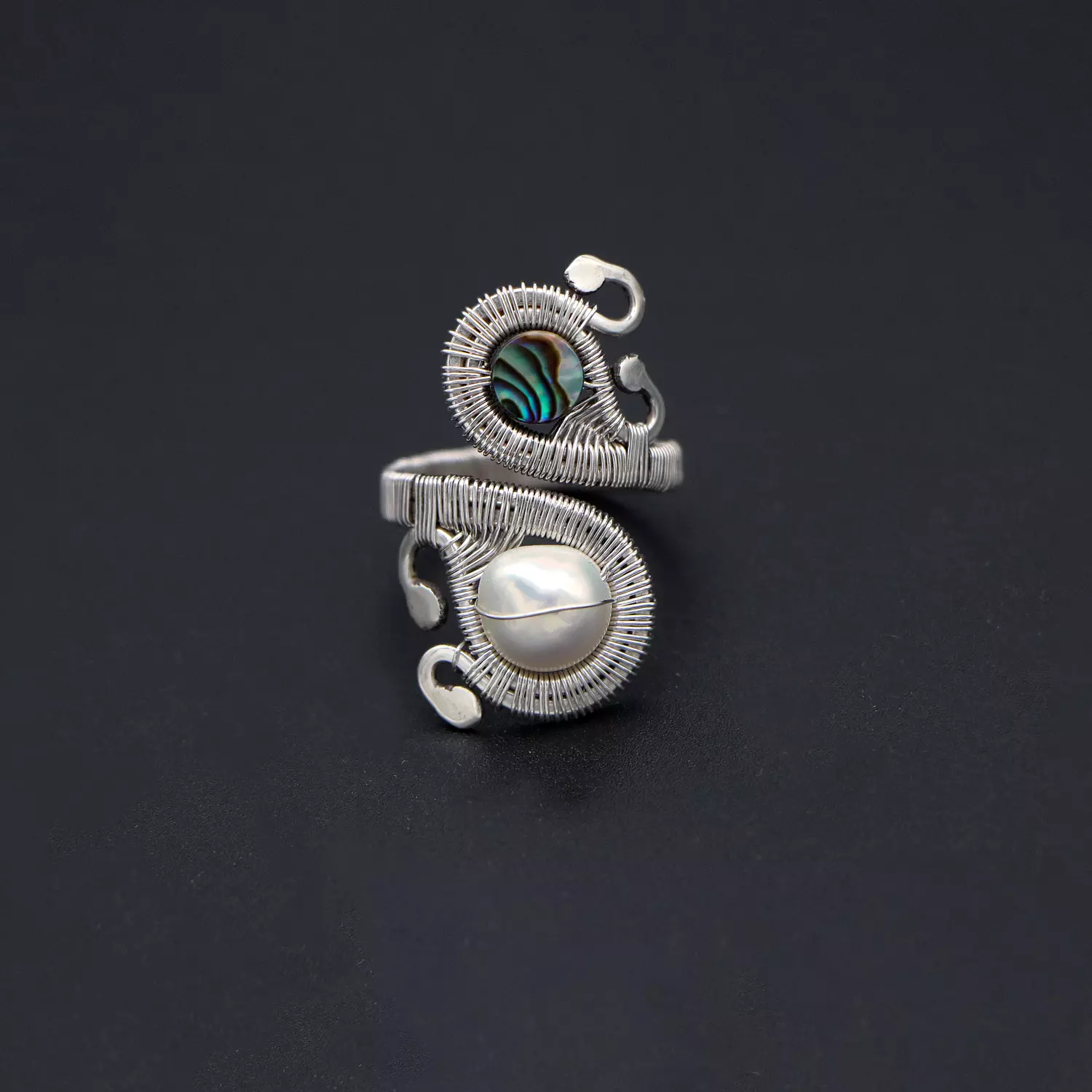 Long silver ring with abalone shell and pearl. image