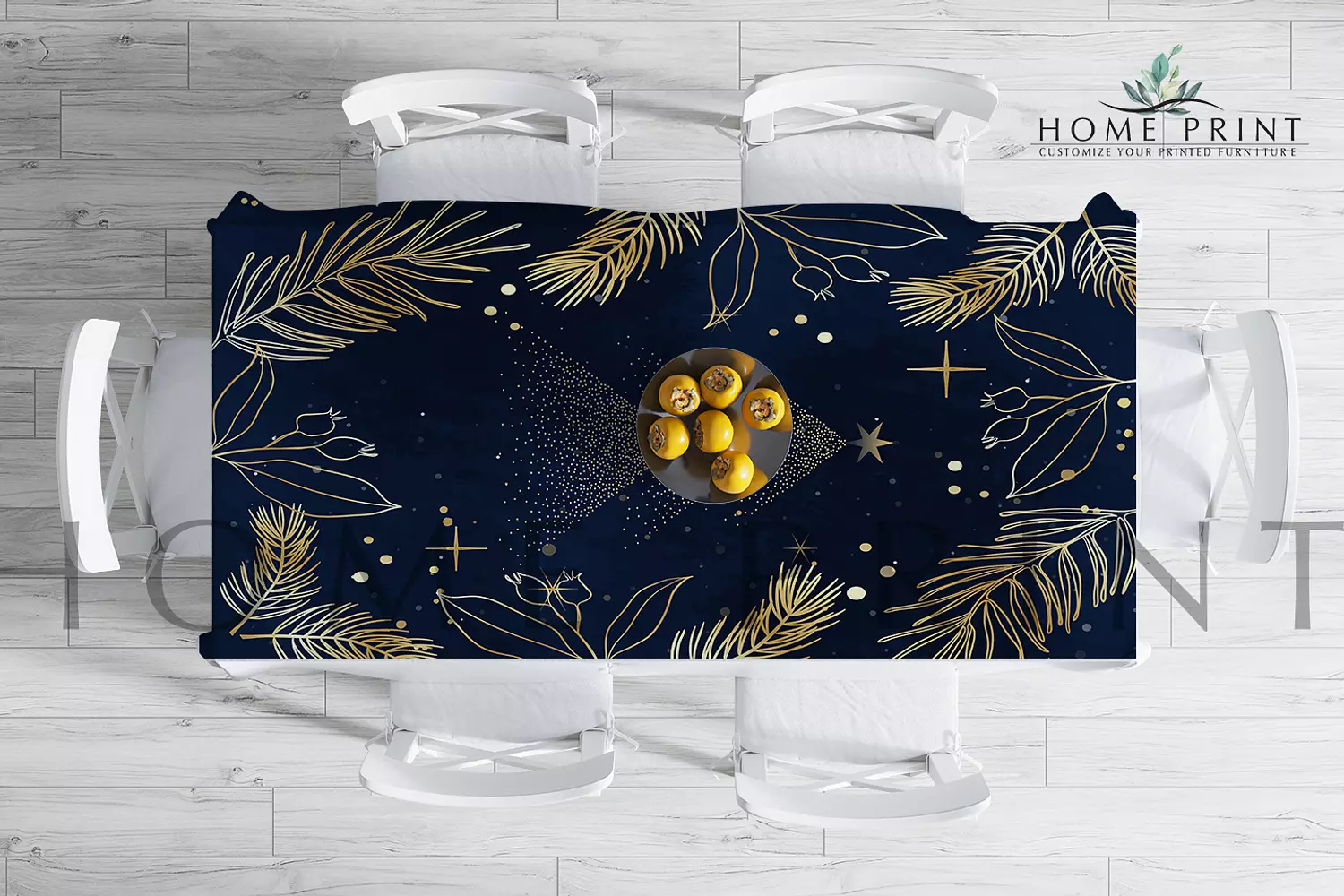 Christmas Tablecloth - Golden Shapes - Dark Blue pattern - 150 cm in 250 cm  image