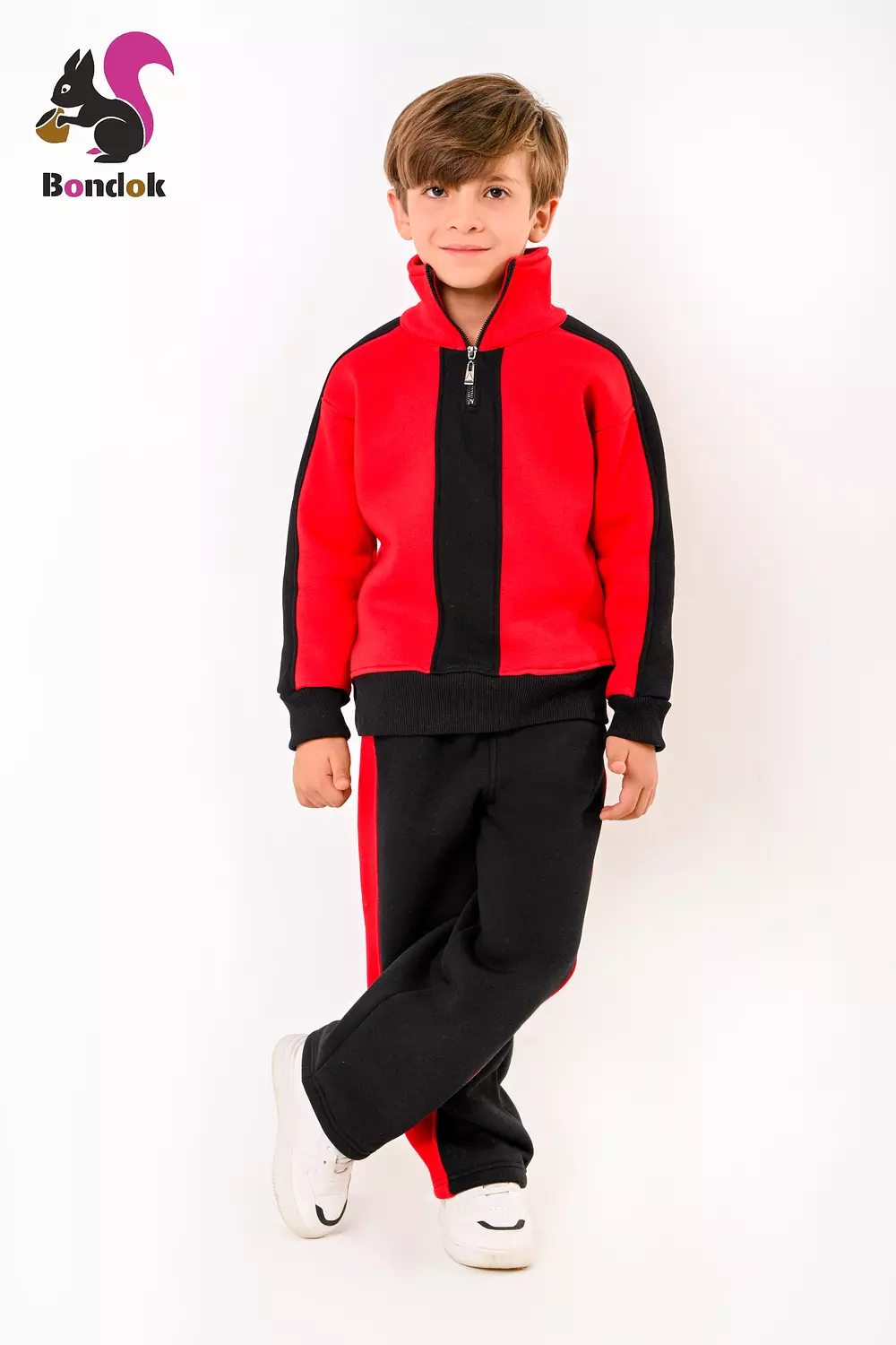 BONDOK Boys’ Winter Black-Strip Tracksuit – High-Neck Half-Zip Sweatshirt & Joggers Set – Cozy Melton , Ages 4–14 15