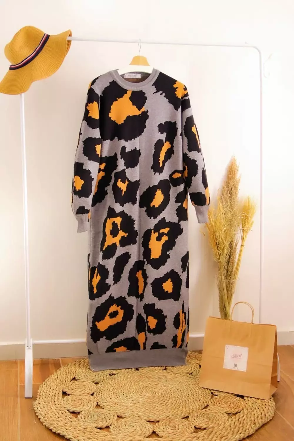 Tiger Printed Knitted Dress - Gray and Camel  2