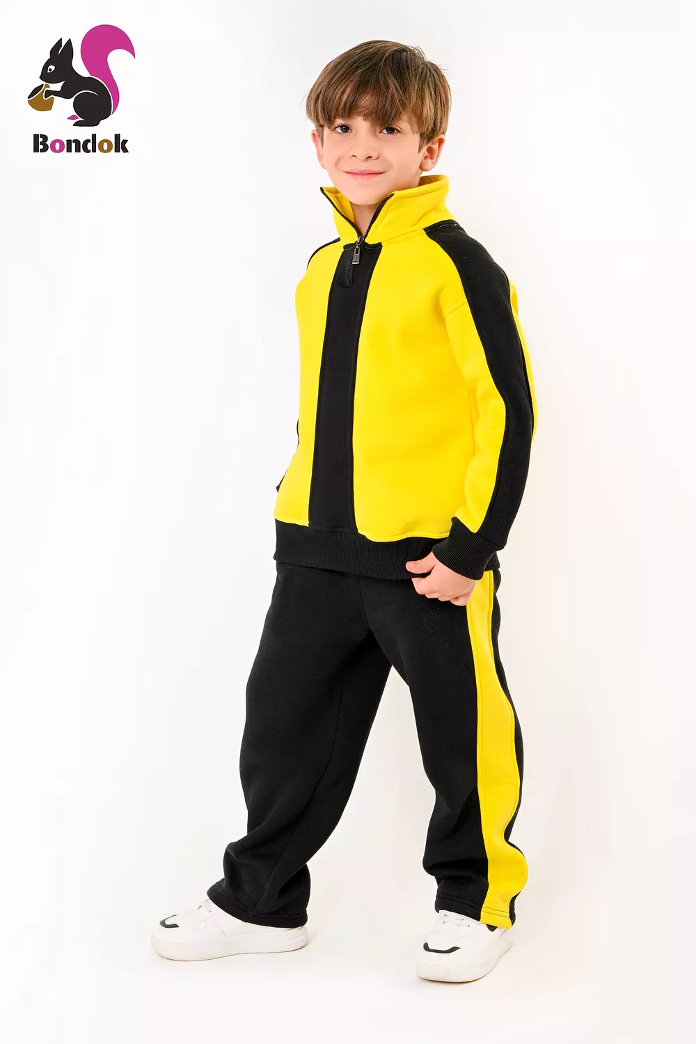 BONDOK Boys’ Winter Black-Strip Tracksuit – High-Neck Half-Zip Sweatshirt & Joggers Set – Cozy Melton , Ages 4–14 9