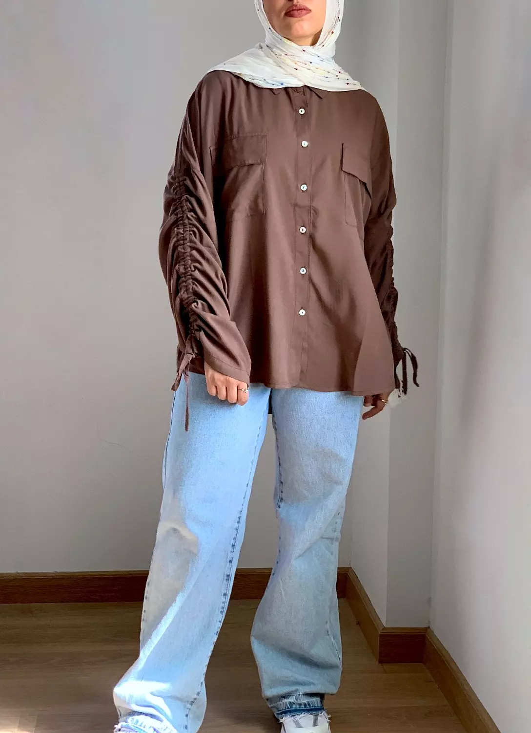 Drawstring sleeves blouse in Brown 1
