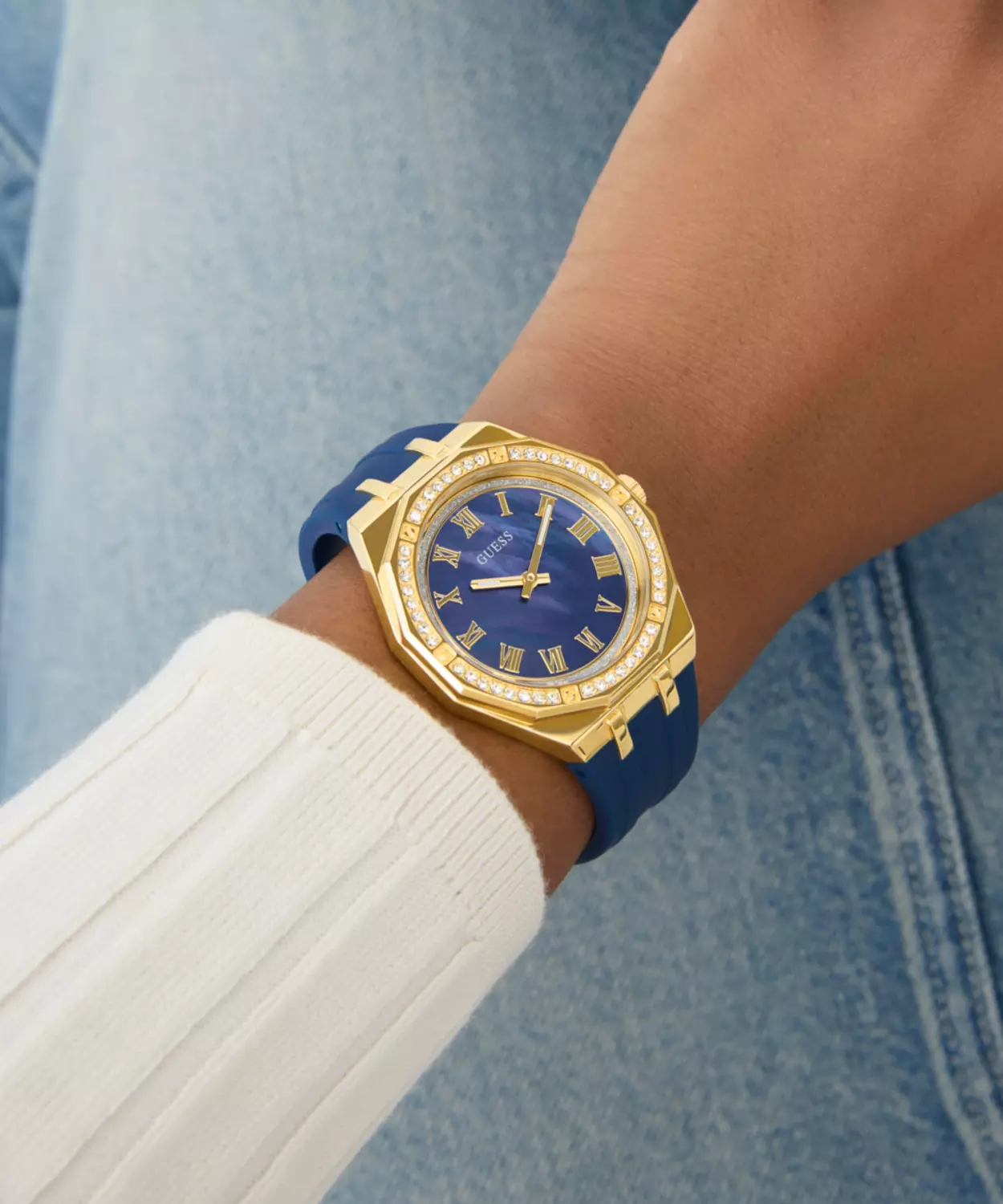 GUESS Ladies Blue Gold Tone Analog Watch 6