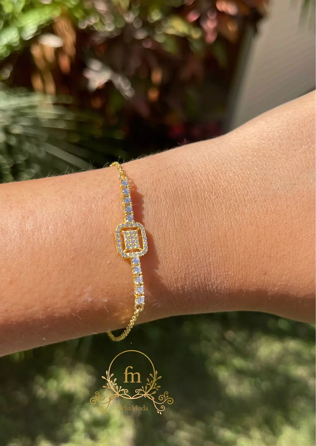 Square silver bracelet with side zircon. stones gold plated image