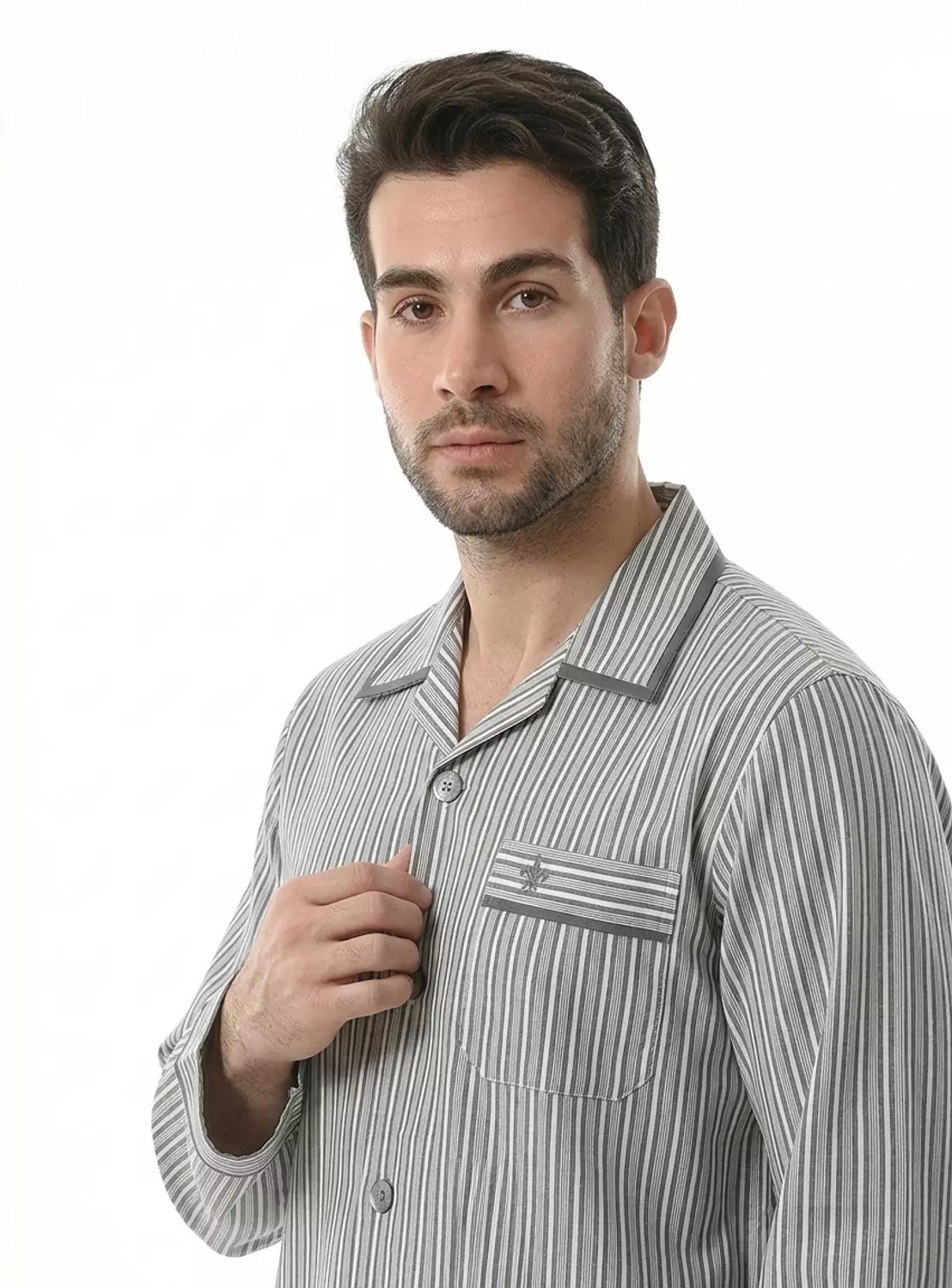 بيجاما رجالي مقلم كم طويل - 2393- مخطط باللون الرمادي 2