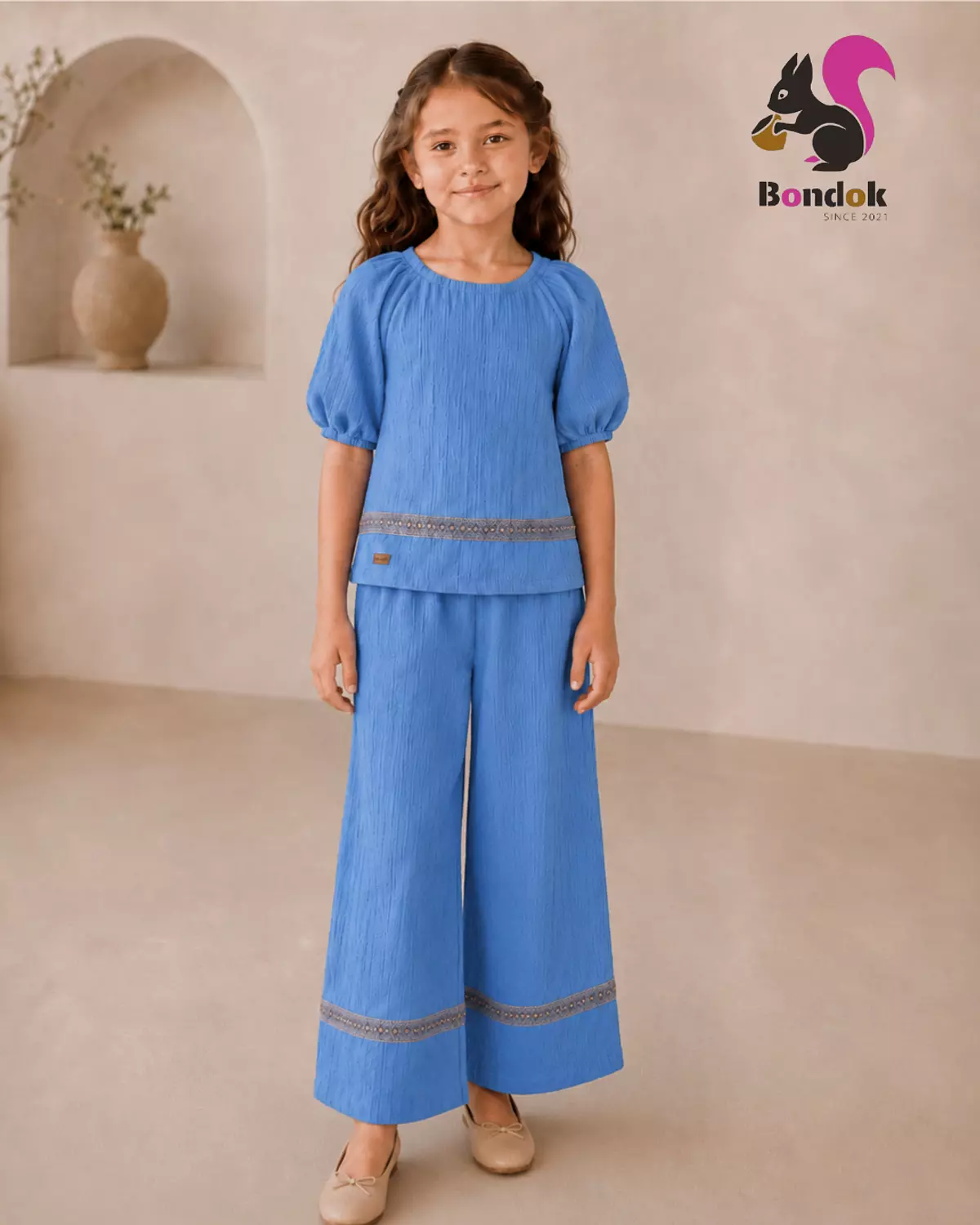 Wonder trim Set Girls' Puff Sleeve Top and Wide-Leg Trouser Set 4